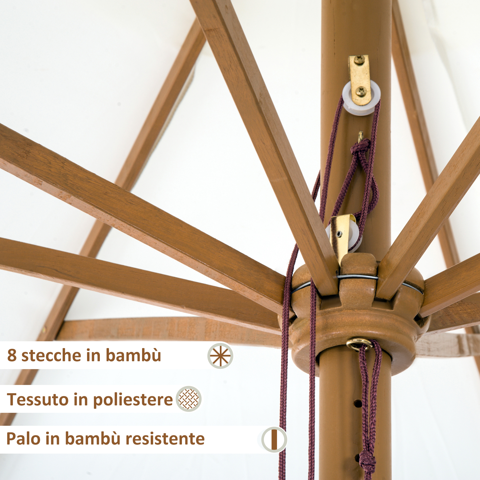 Struttura di ombrellone in legno con corde e carrucola.