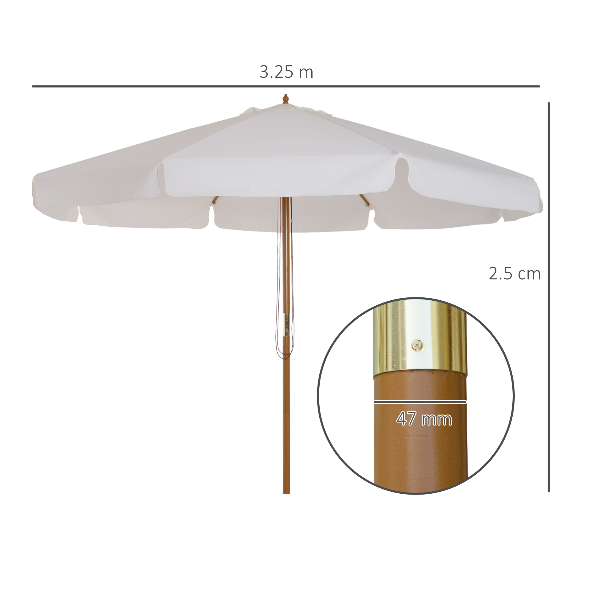 Un ombrellone bianco con palo in legno, largo 3,25 m e alto 2,5 cm.