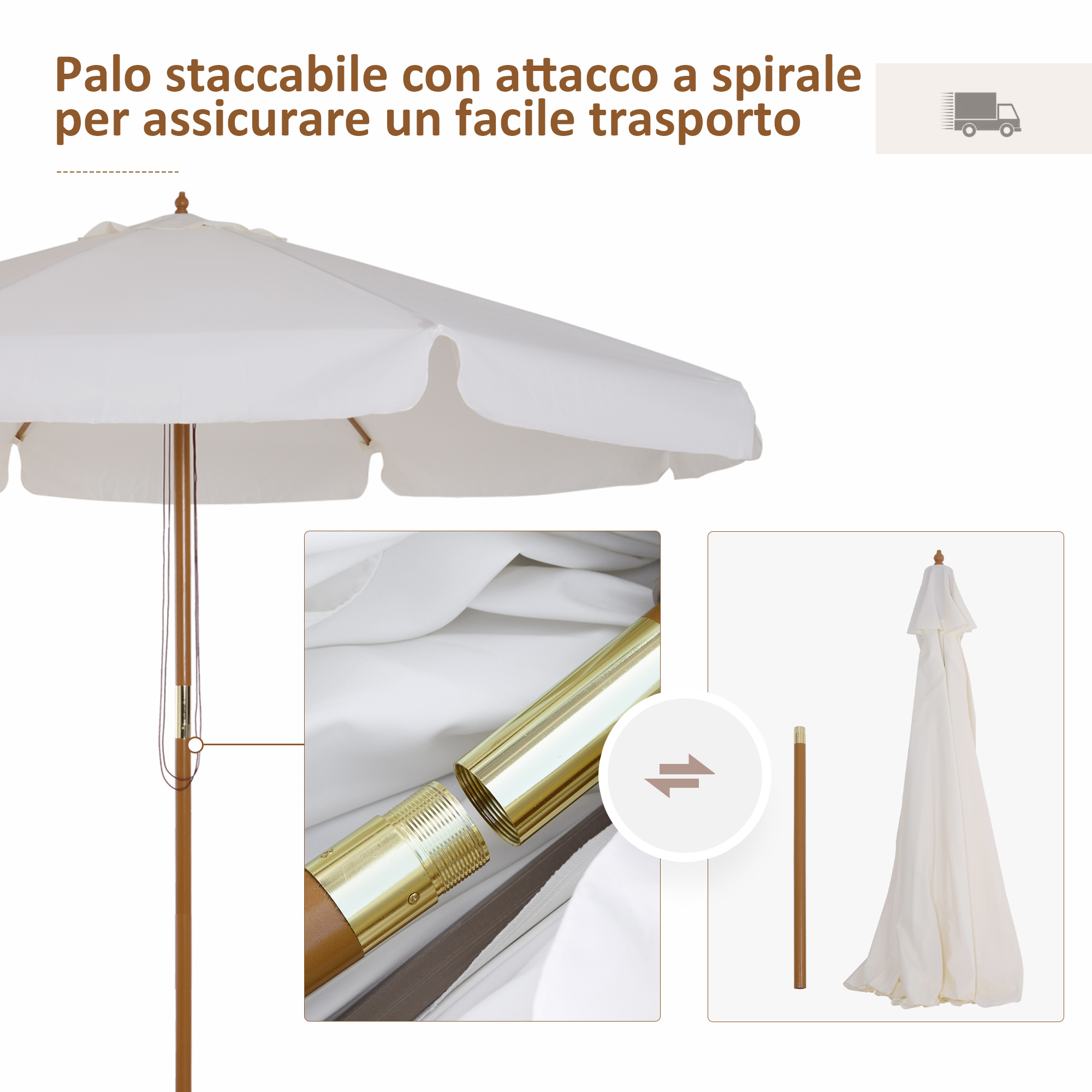 Un ombrellone bianco con palo in legno e dettaglio a vite per un facile trasporto.