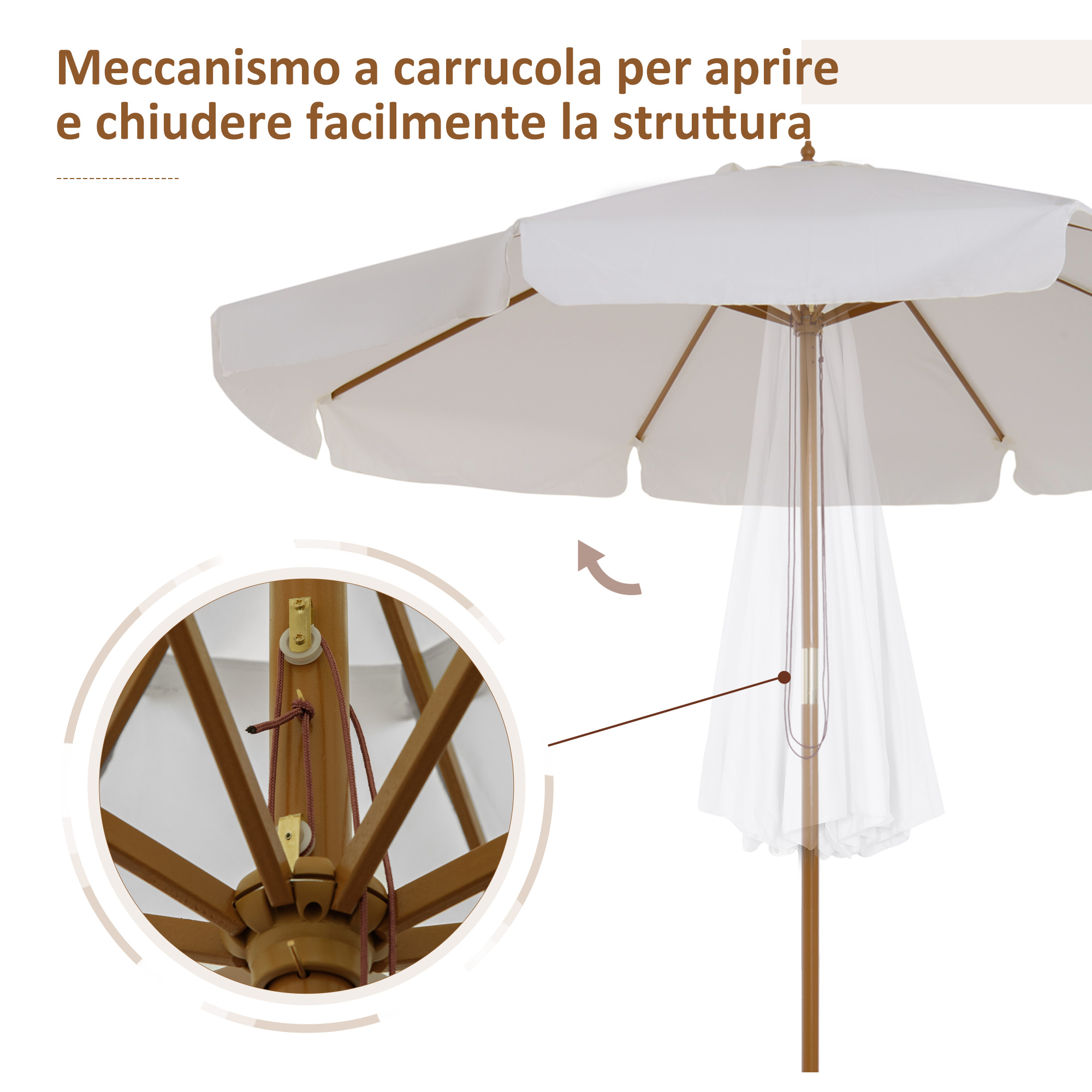 Ombrellone bianco con struttura in legno e meccanismo a carrucola, primo piano del meccanismo.