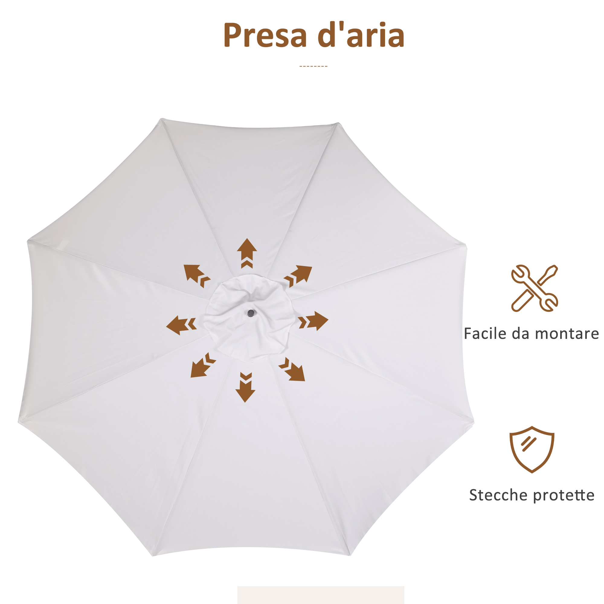 Ombrello bianco con frecce marroni che indicano la ventilazione.