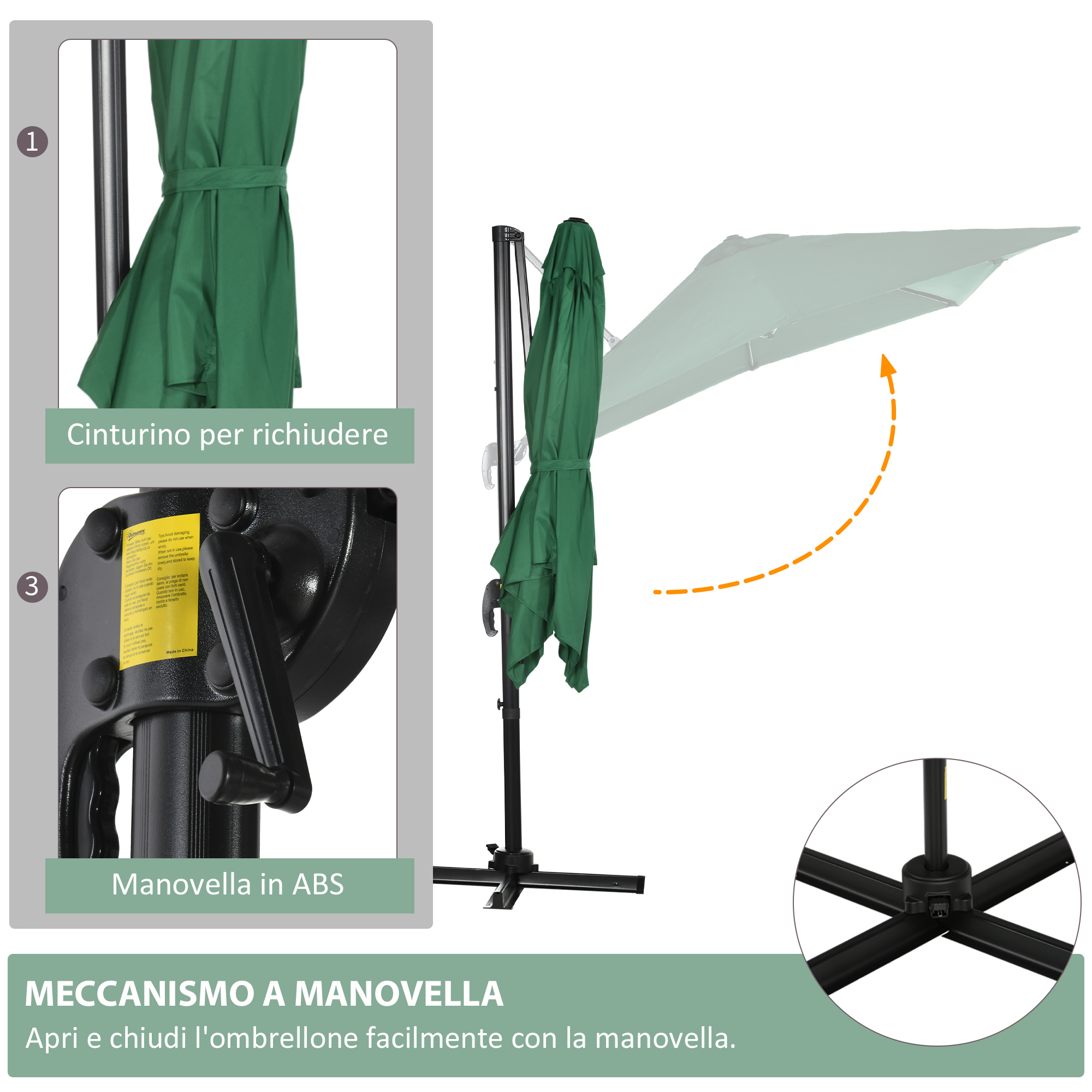 Un ombrellone verde legato. Primo piano della manovella e della base. Si apre/chiude con manovella.