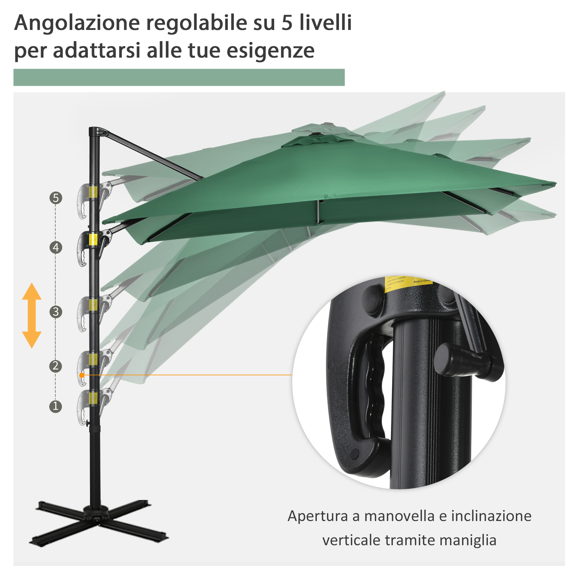 Ombrellone verde con angolo regolabile e meccanismo a manovella.