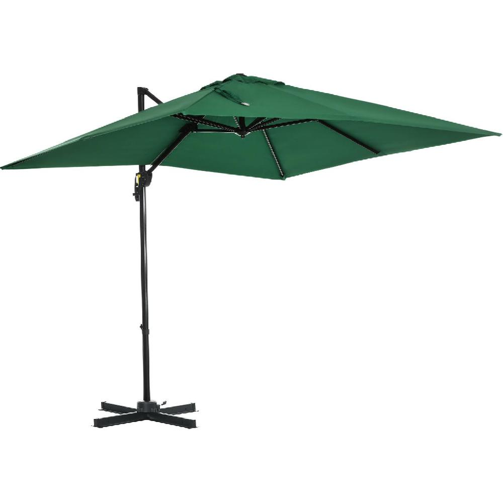 Un ombrellone da esterno verde con supporto nero su sfondo bianco.