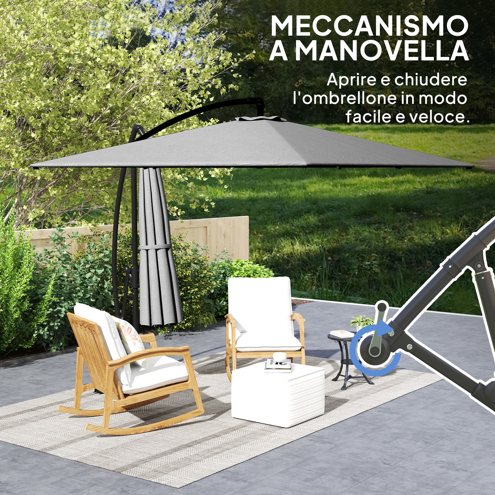 Un ombrellone a sbalzo grigio con meccanismo a manovella su mobili da giardino.