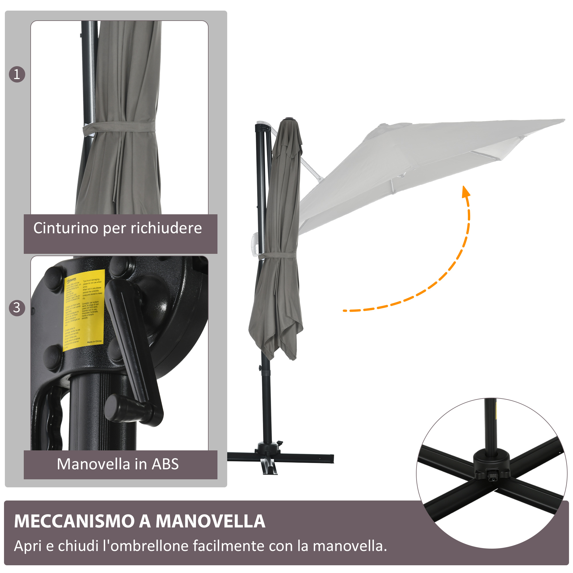 Un ombrellone grigio legato con cinghia e meccanismo a manovella.