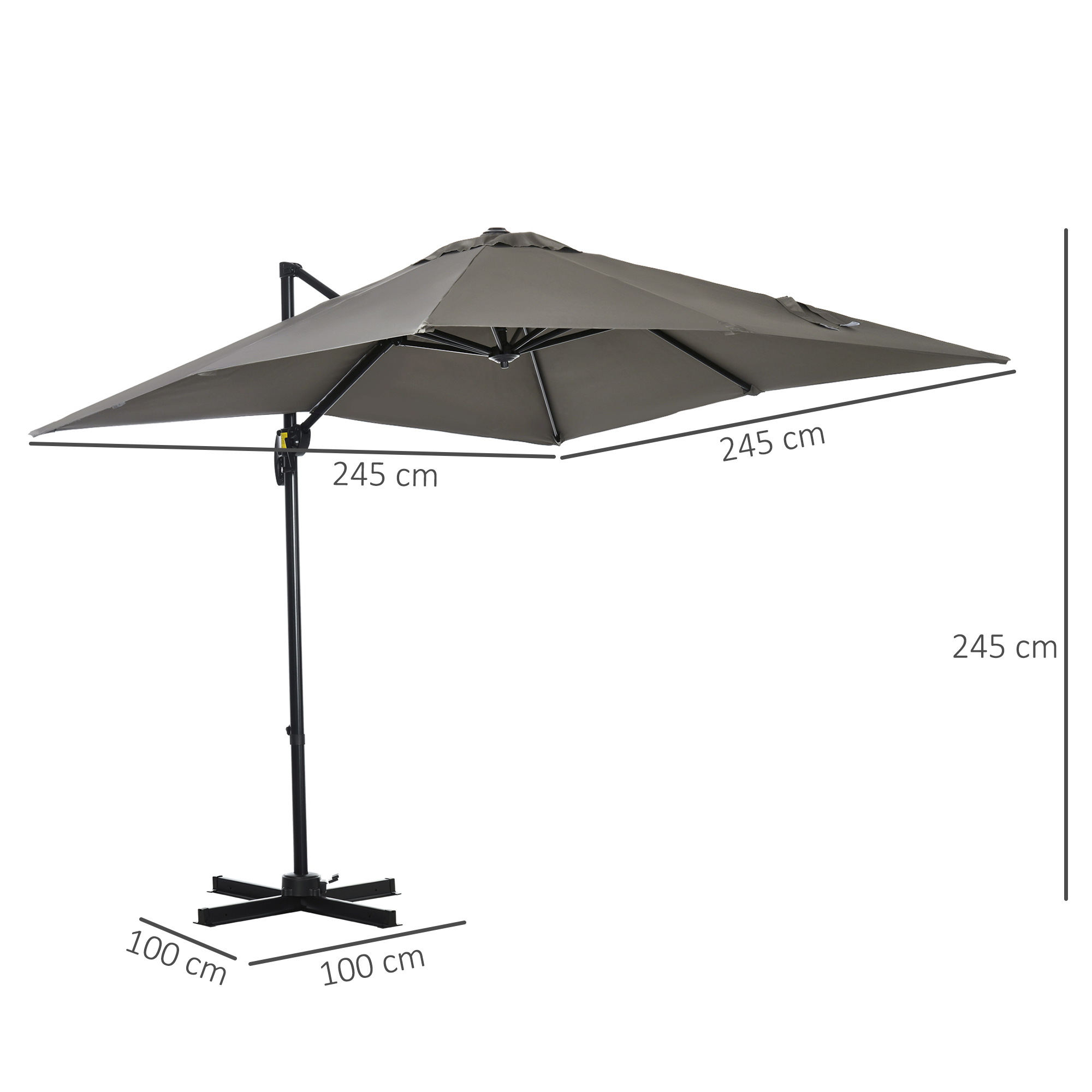 Ombrellone a sbalzo grigio con base nera, dimensioni 245 cm.