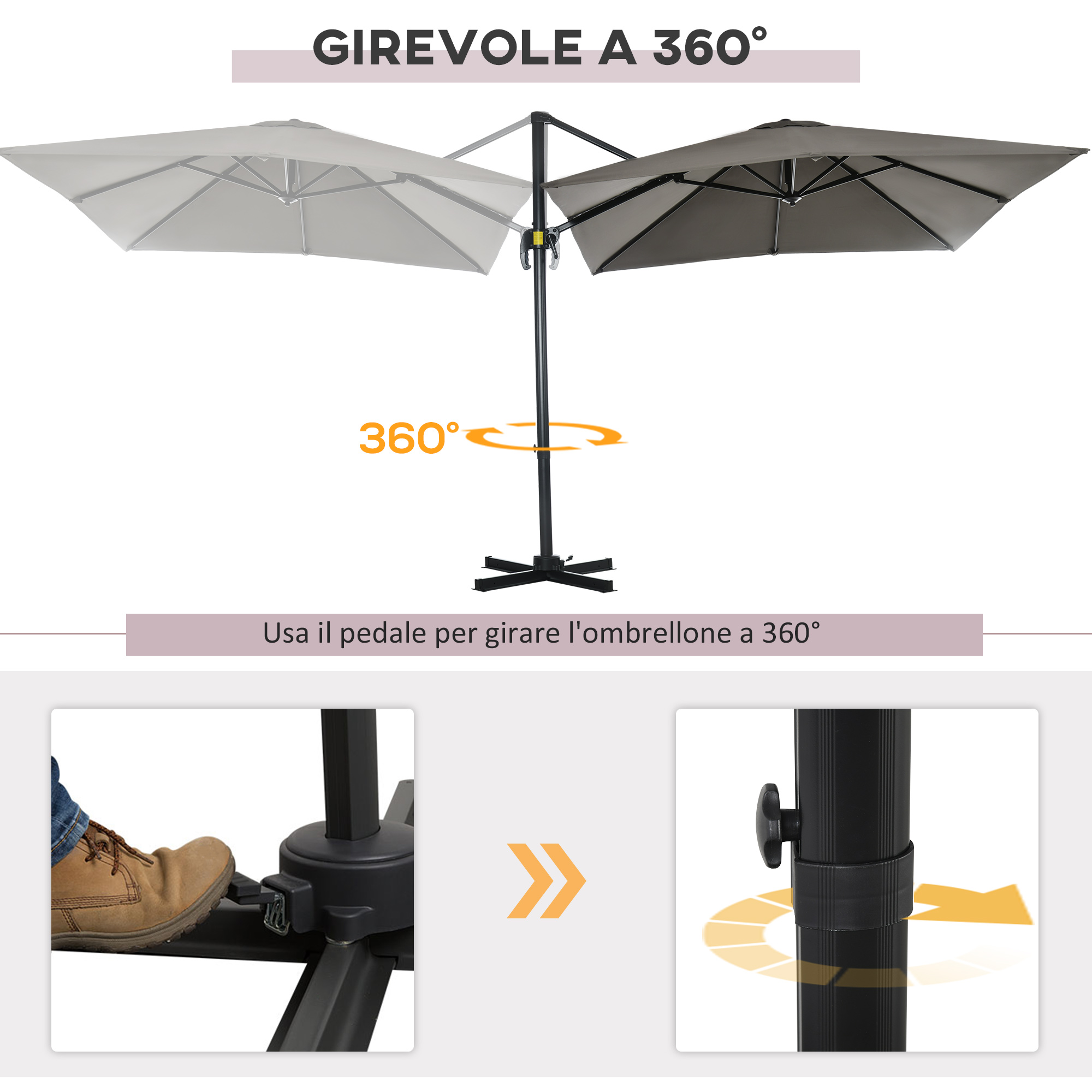 Un ombrellone girevole a 360 gradi è controllato da un pedale.