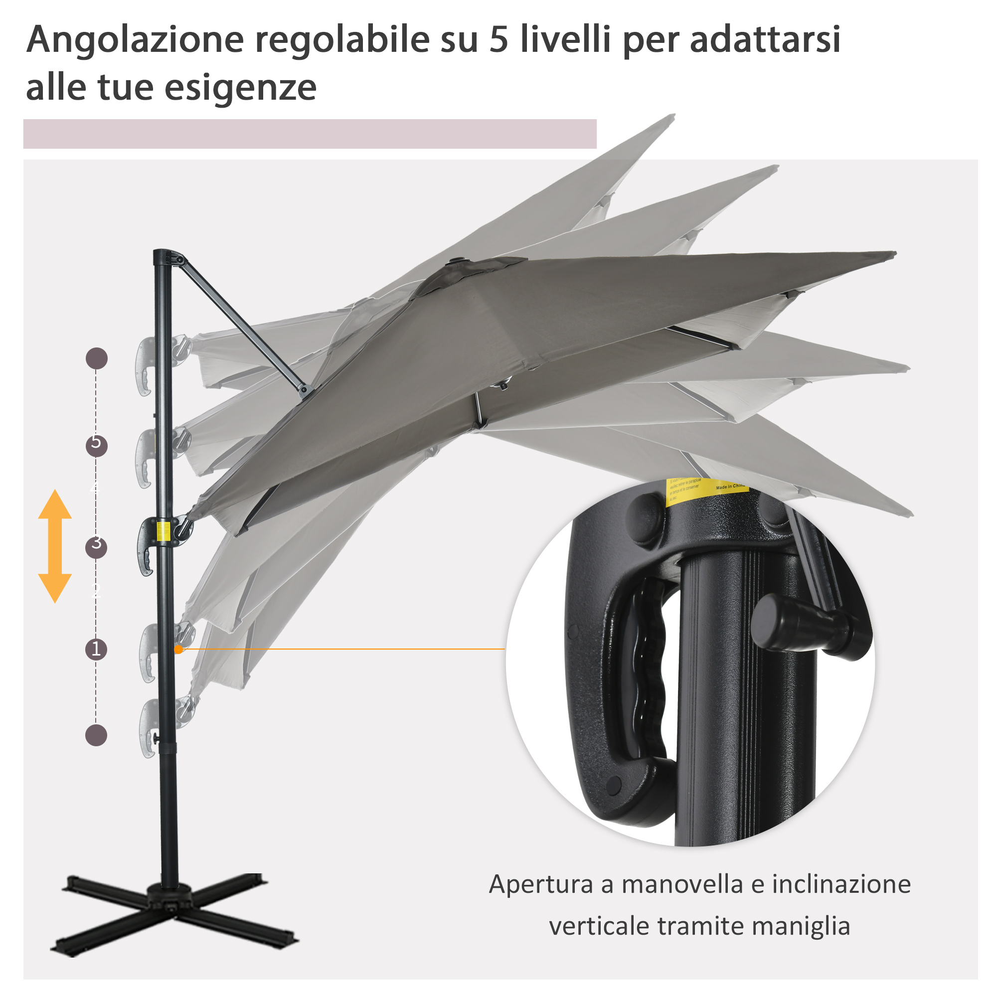 Ombrellone grigio con angolo regolabile, manovella e maniglia.