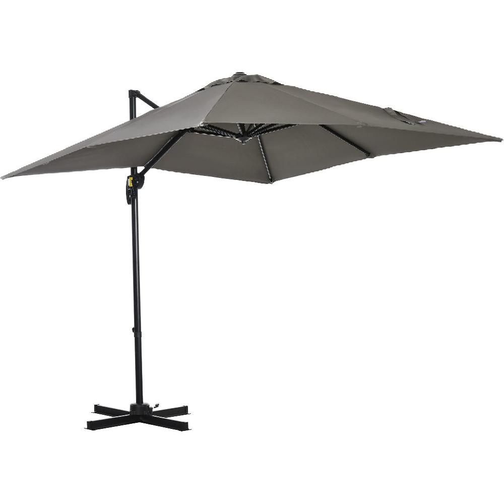 Un ombrellone grigio con supporto nero su sfondo bianco.
