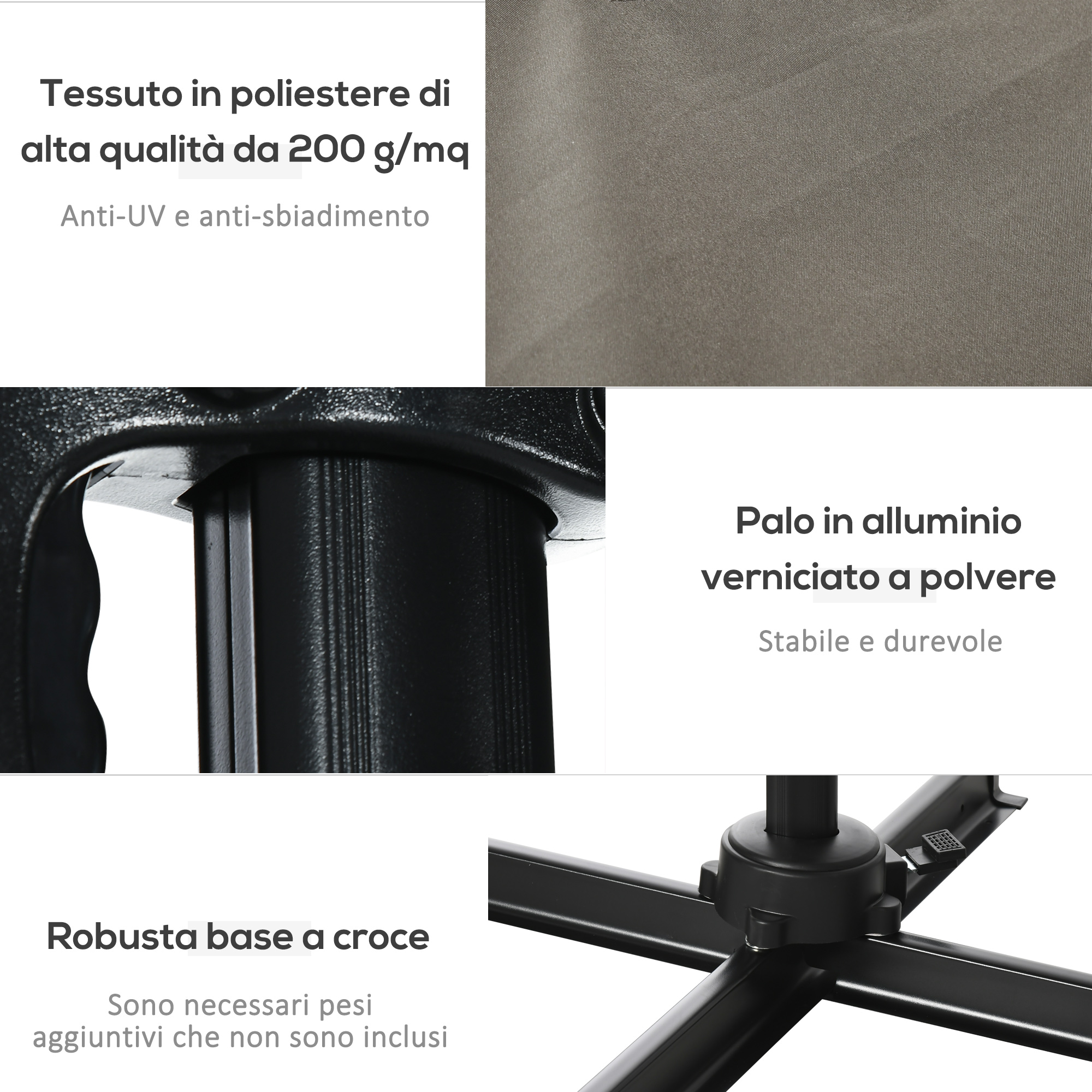 Dettagli tessuto e alluminio di un ombrellone: tessuto, palo alluminio verniciato, base a croce.