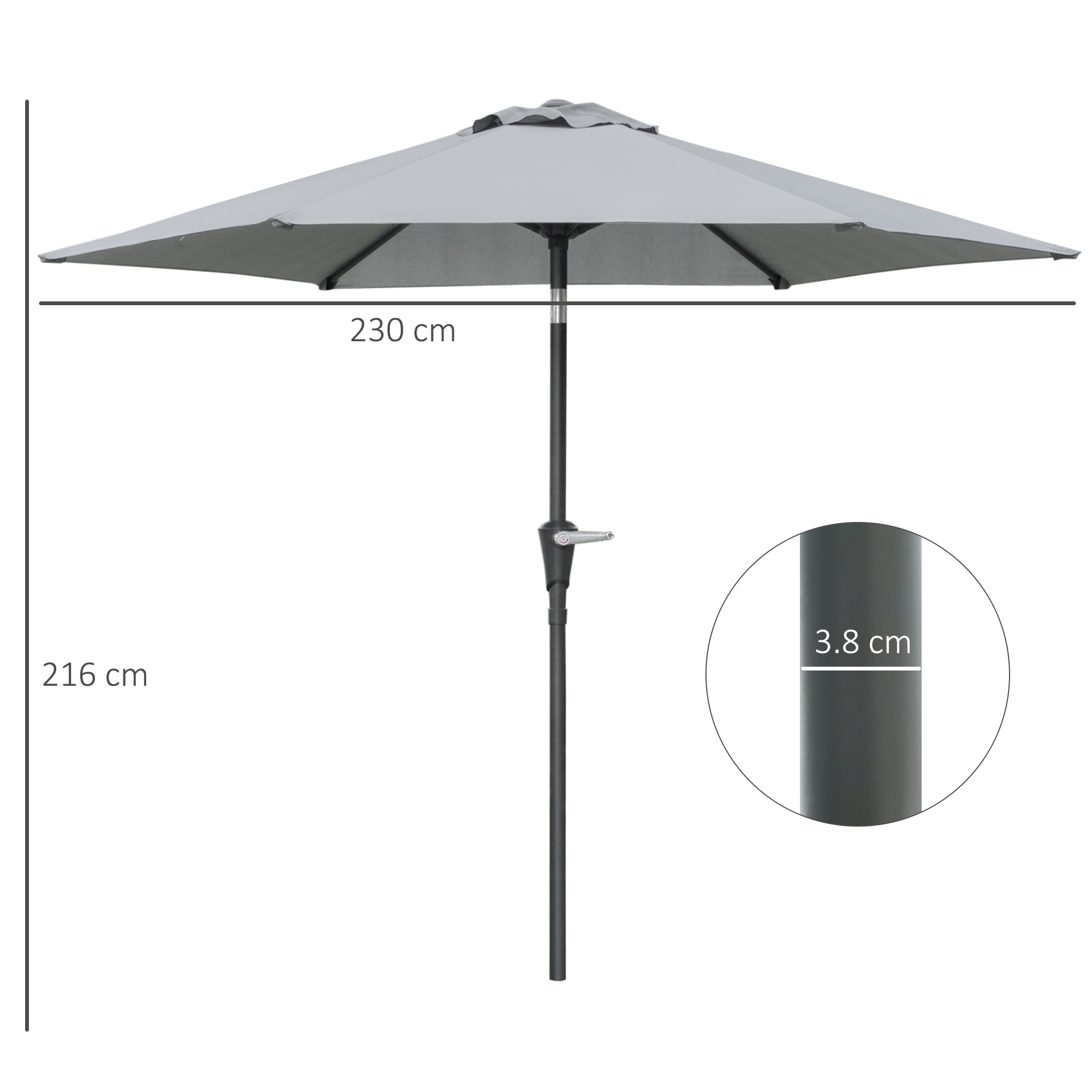 Un ombrellone grigio di 230 cm di larghezza e 216 cm di altezza.