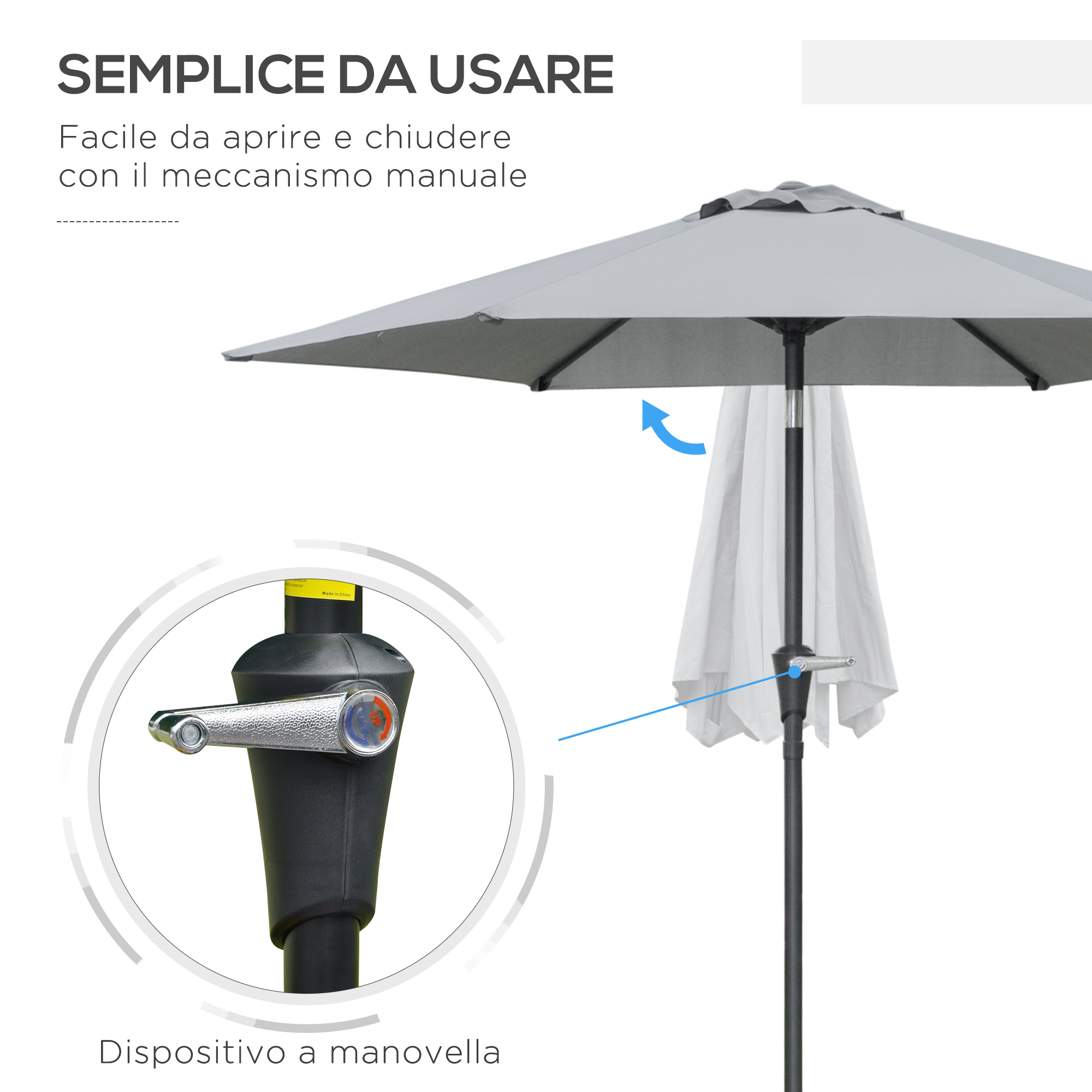 Un ombrellone grigio con meccanismo a manovella manuale.