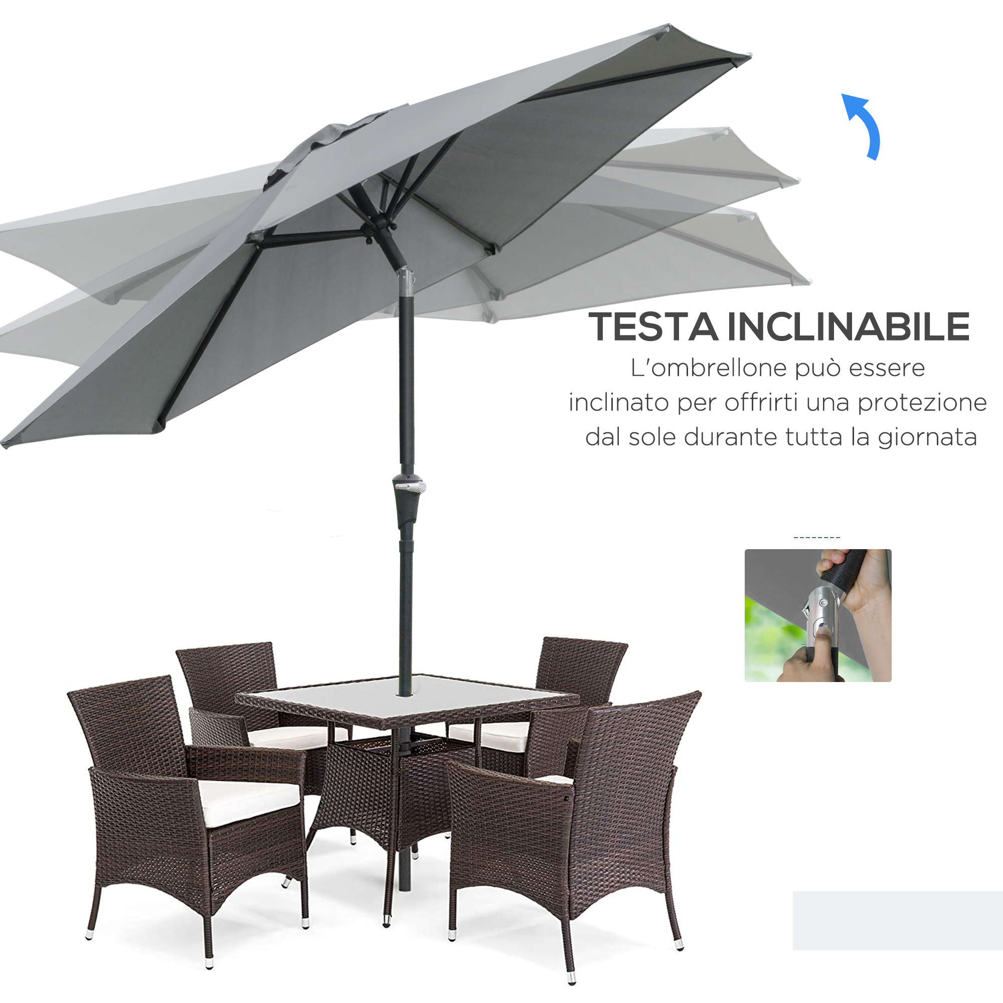 Tavolo in rattan marrone con ombrellone e sedie, l'ombrellone è inclinabile.