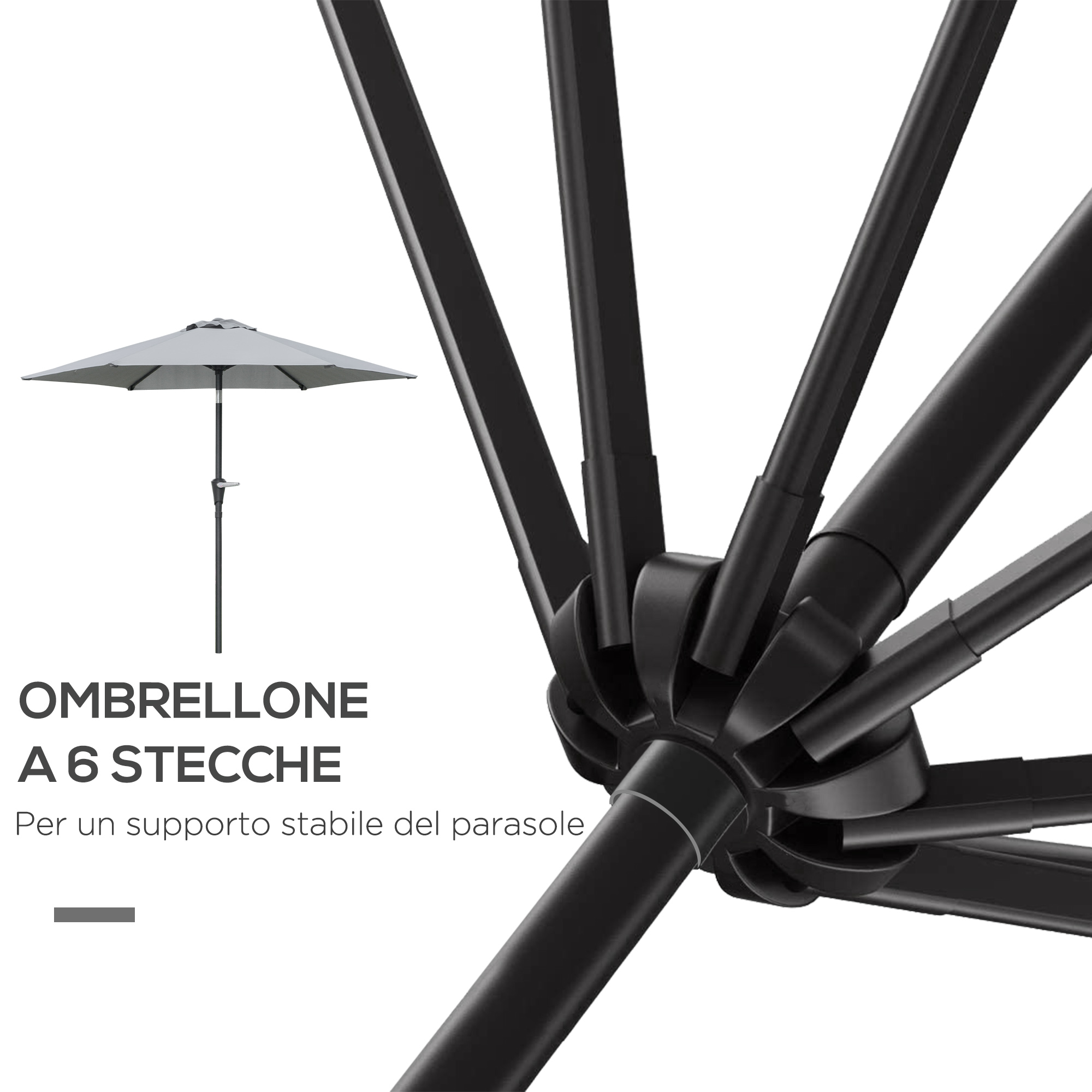 Un ombrellone grigio con telaio nero e sei stecche.