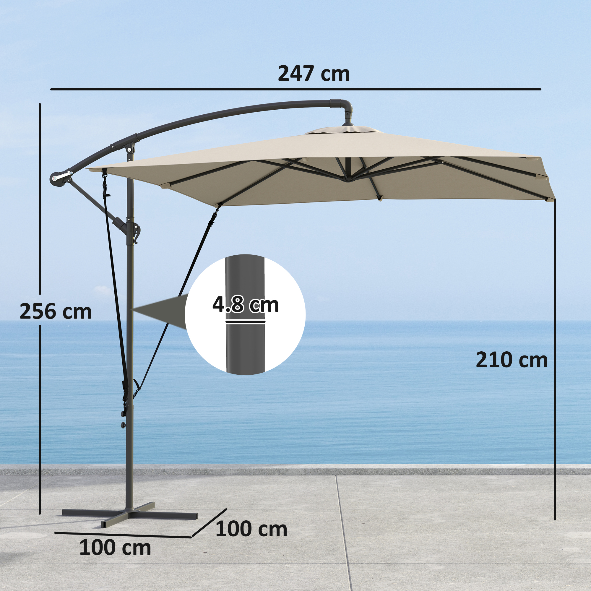 Ombrello beige con struttura scura, dimensioni indicate.