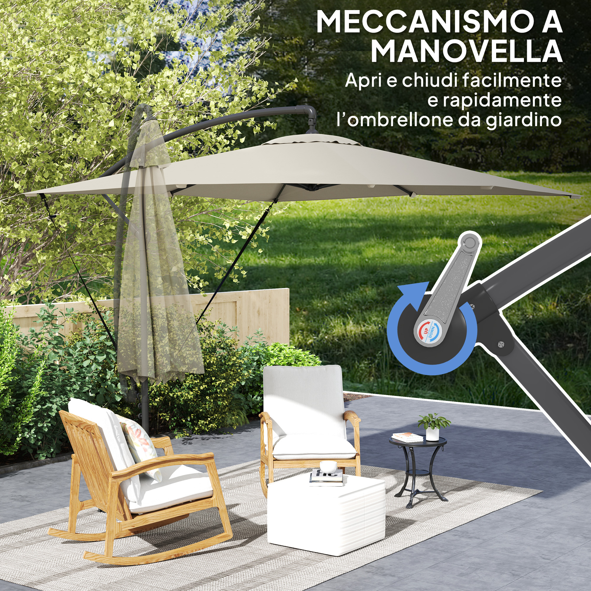 Patio esterno con sedie, pouf, tavolo e grande ombrellone a sbalzo.