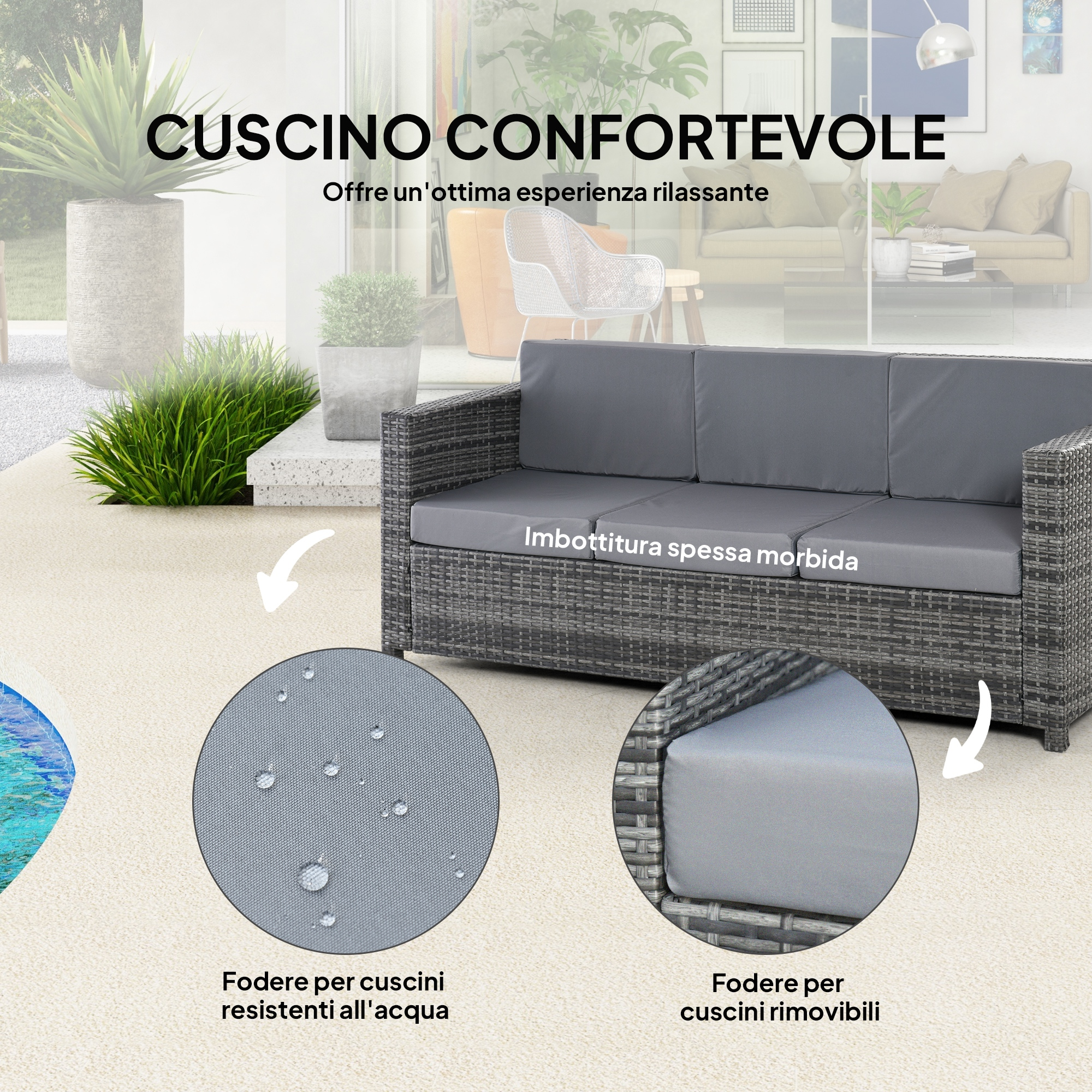 Divano da esterno grigio con cuscini spessi e morbidi, fodere resistenti all'acqua.