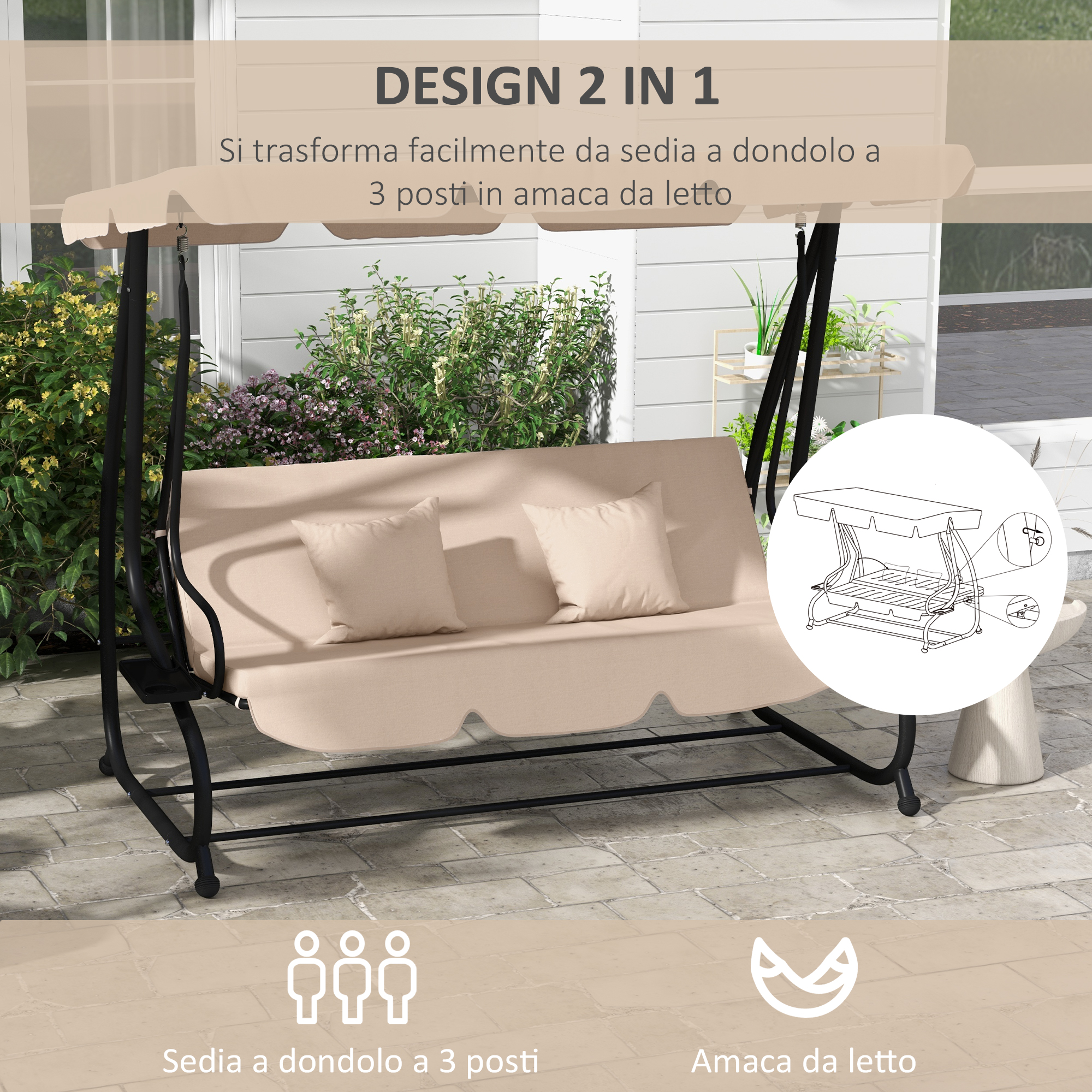Altalena beige a 3 posti con funzione trasformabile e due cuscini.