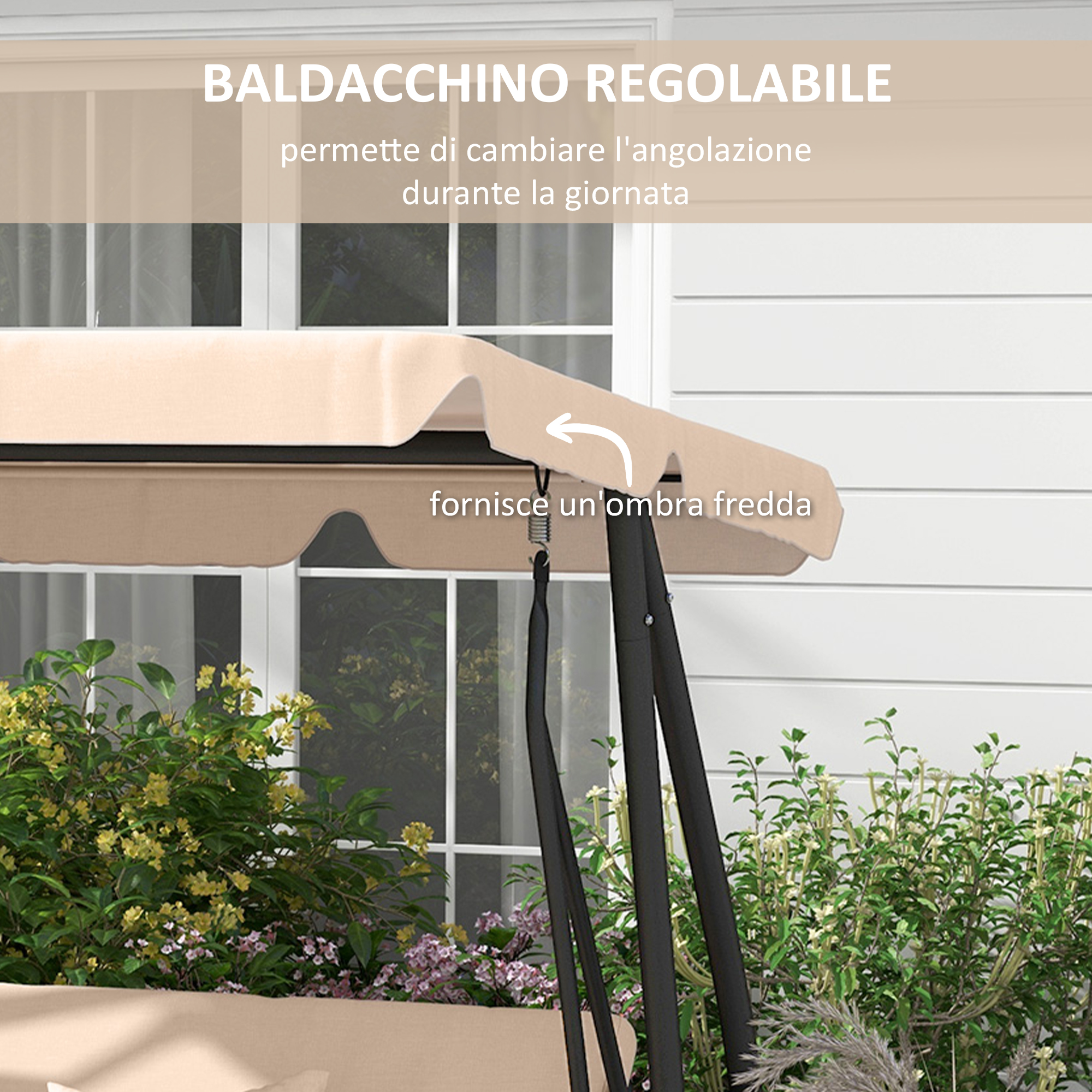 Tendalino beige su altalena con piante davanti.