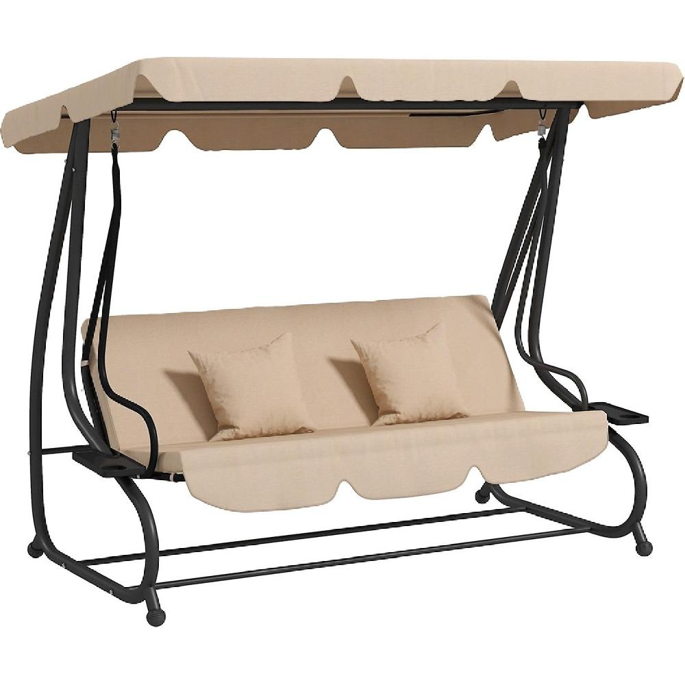 Una seduta a dondolo beige con telaio in metallo nero e tettuccio.