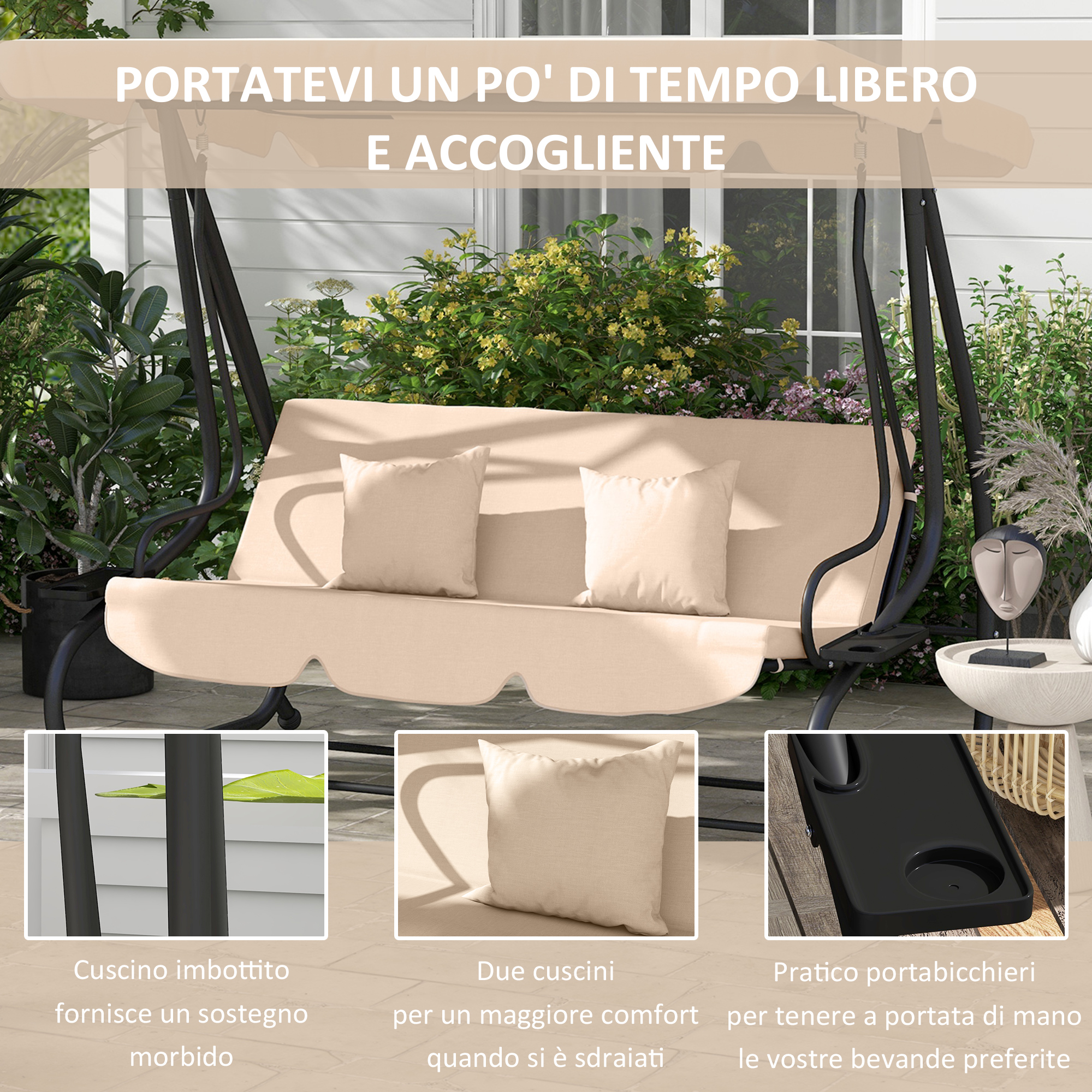 Cuscino beige per sedile da altalena con due cuscini, fiancheggiato da piante verdi.
