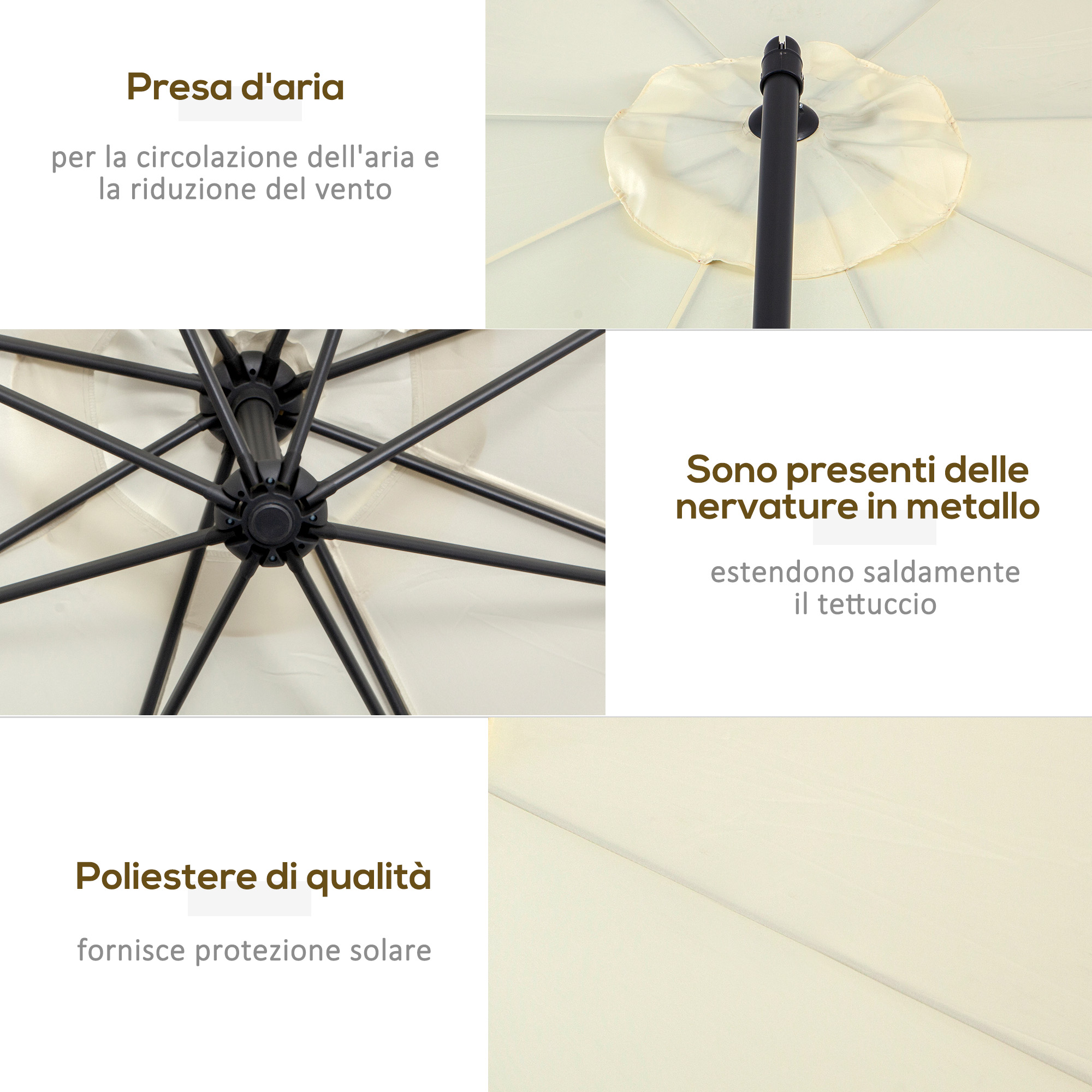 Un ombrellone color crema con stecche in metallo.