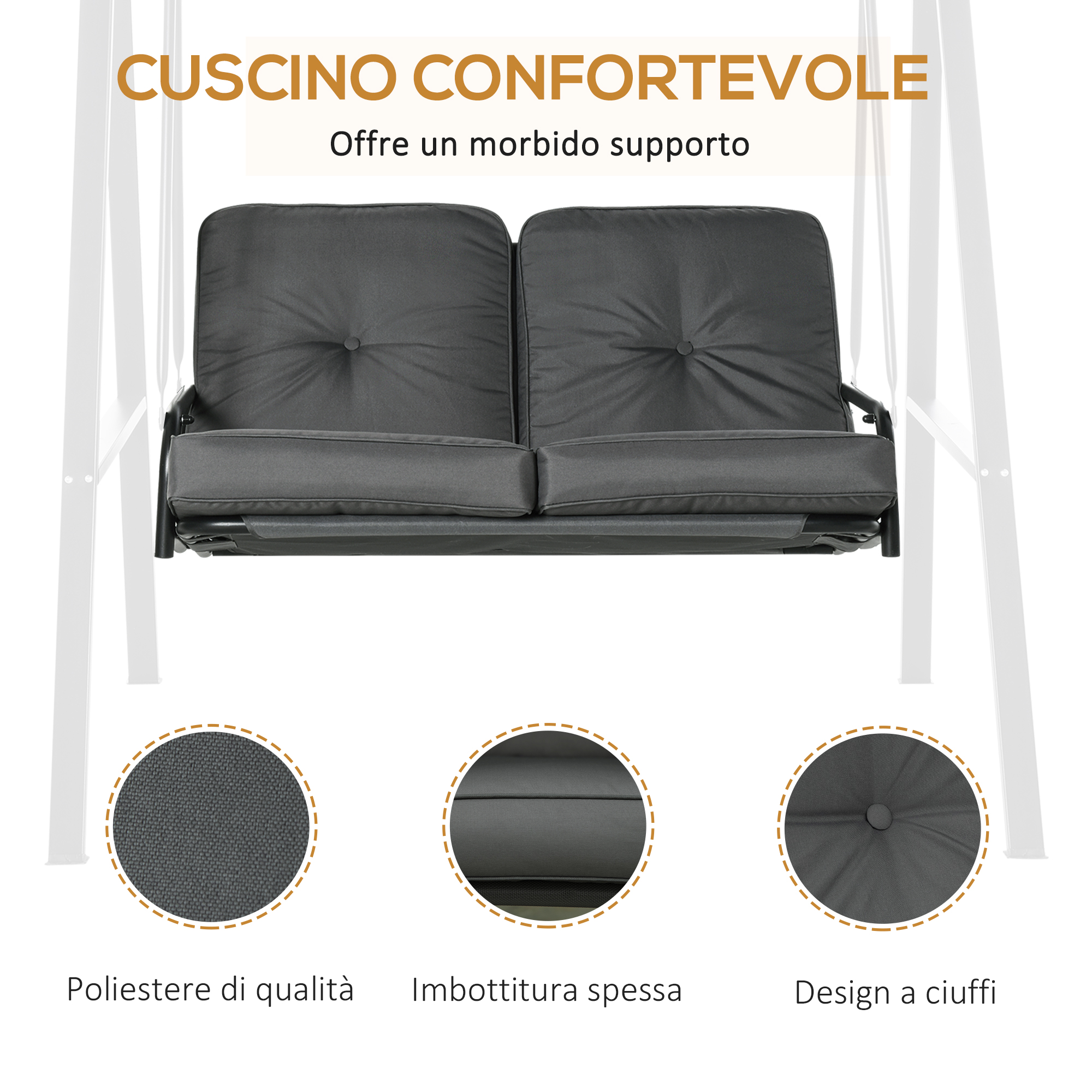 Cuscino grigio per dondolo da giardino, con tre viste dettagliate.