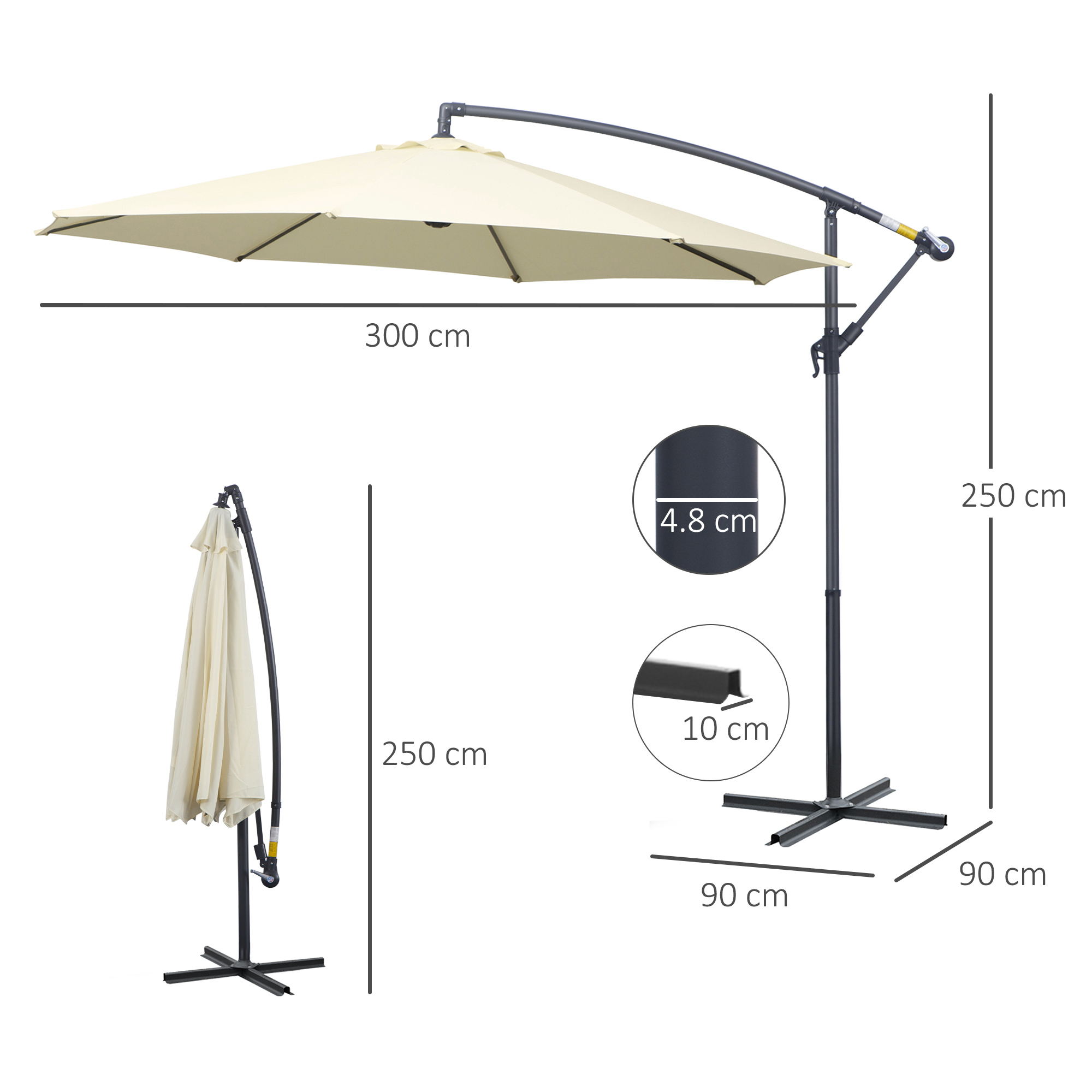 Ombrellone beige, largo 300 cm, alto 250 cm, con base a croce e dimensioni.
