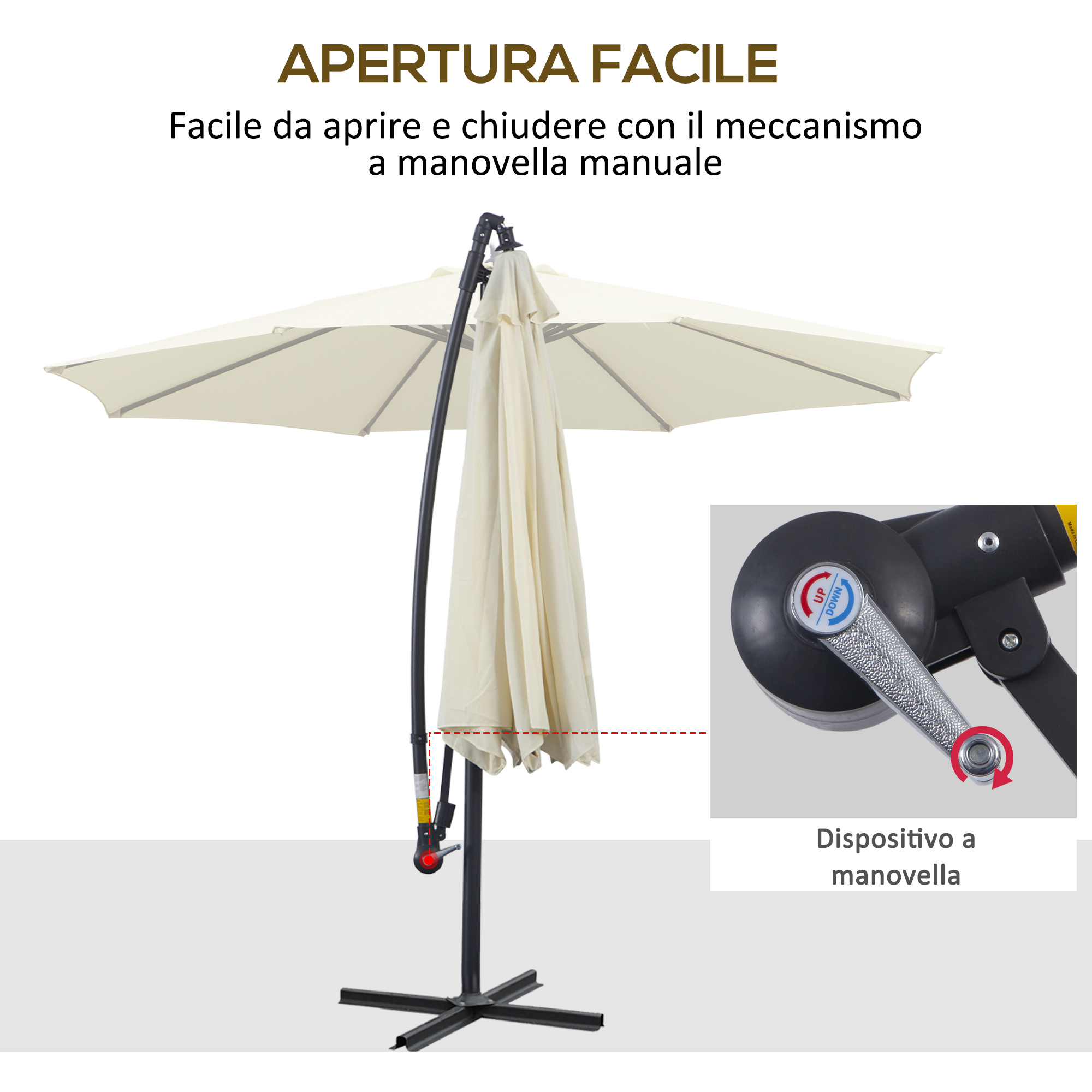 Un parasole color crema con meccanismo a manovella su base a croce nera. Primo piano della manovella.