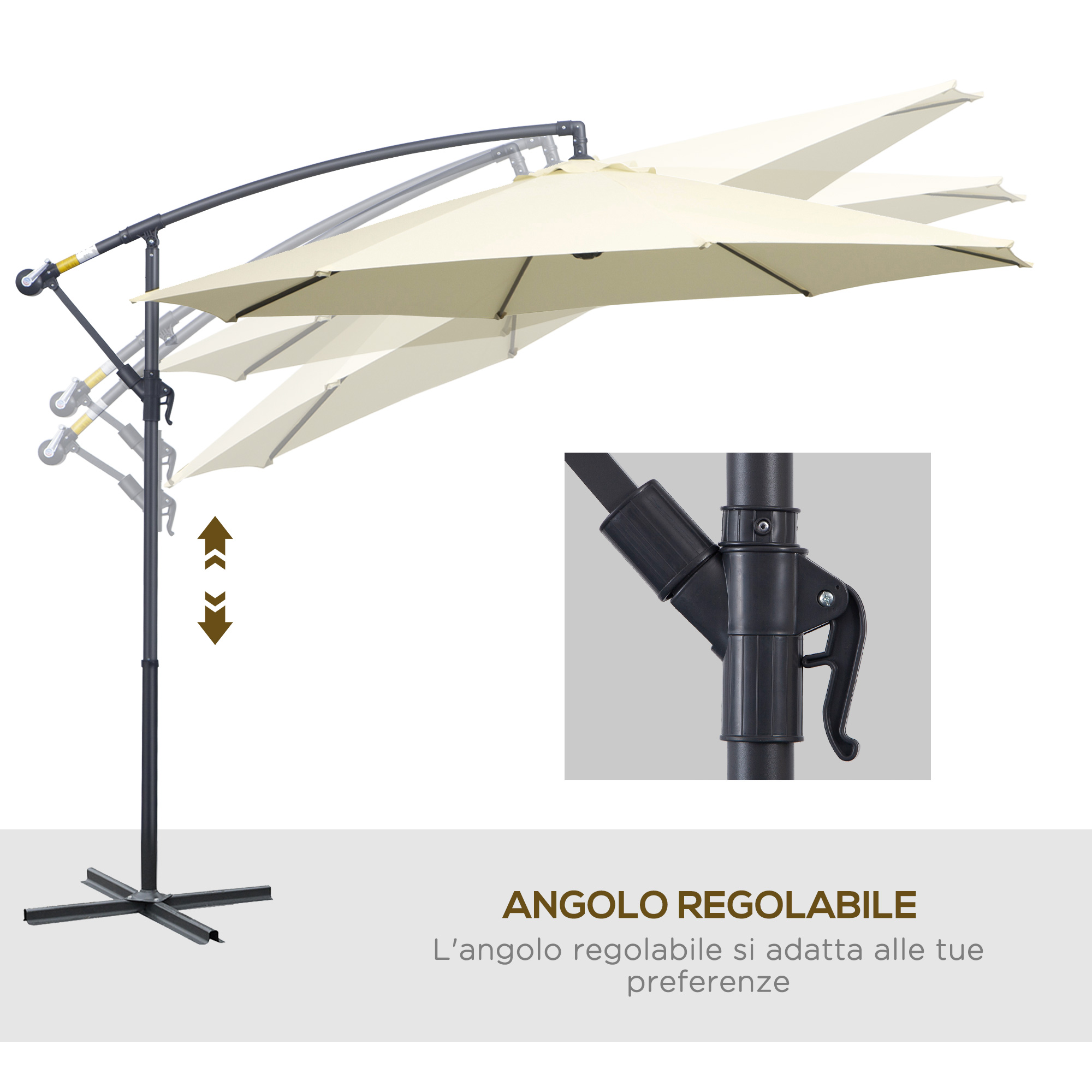 Ombrellone a sbalzo beige con asta regolabile e base a croce. Dettaglio del meccanismo di blocco.