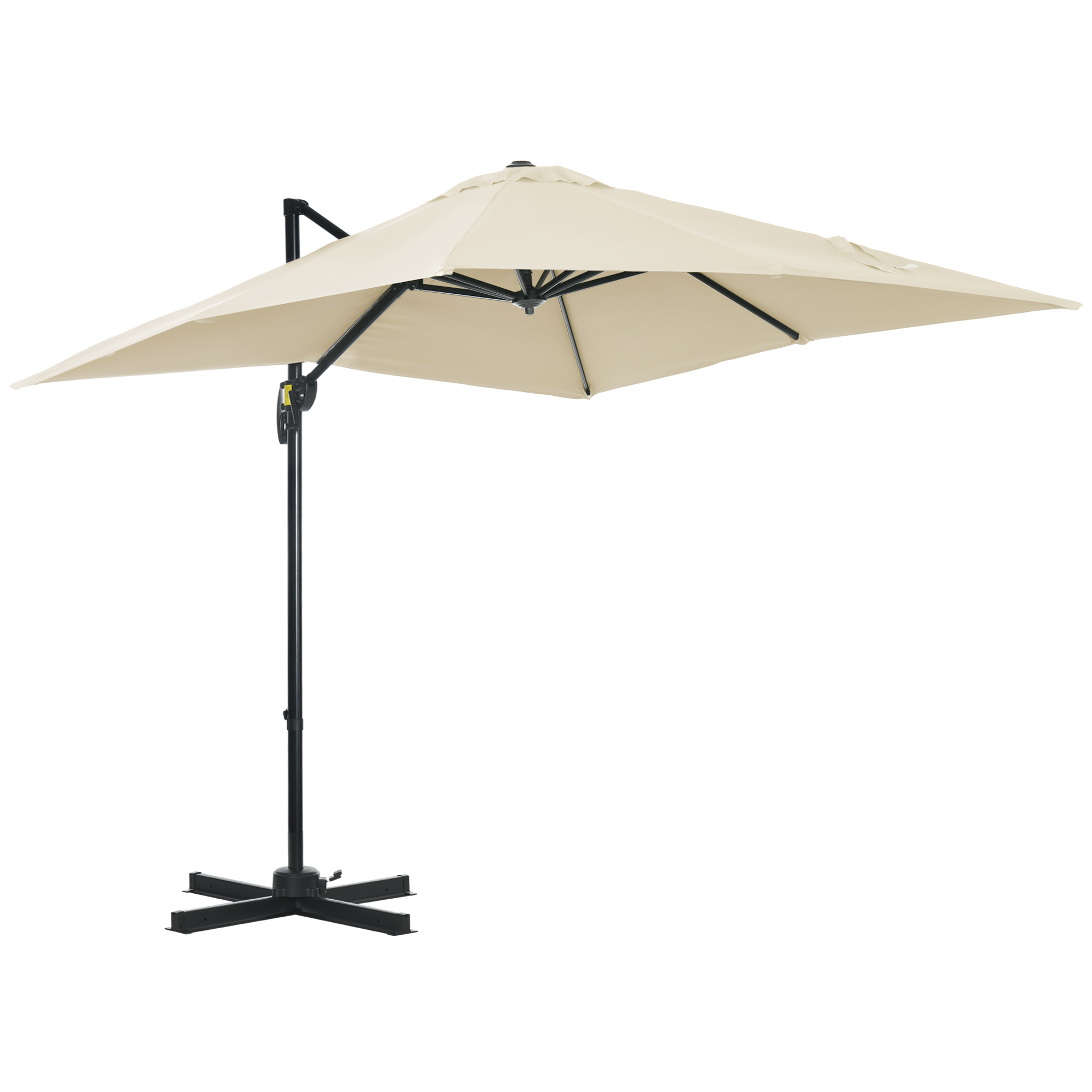 Un ombrellone a sbalzo beige con struttura nera e base a croce su sfondo bianco.