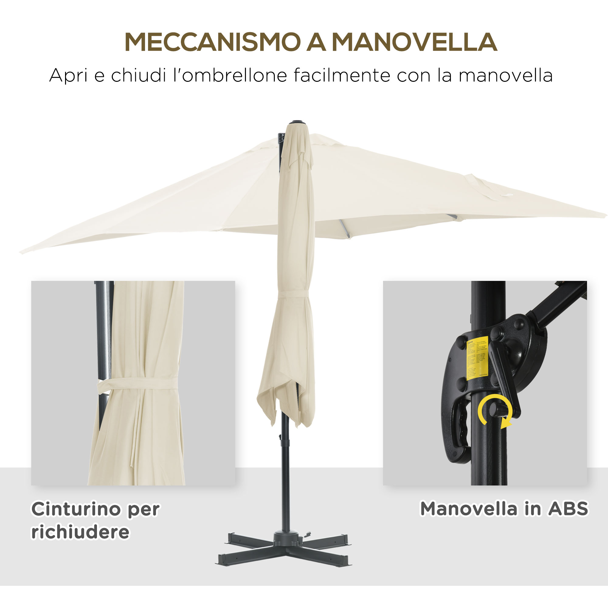 Un parasol beige con meccanismo a manovella, cinturino e maniglia in ABS.