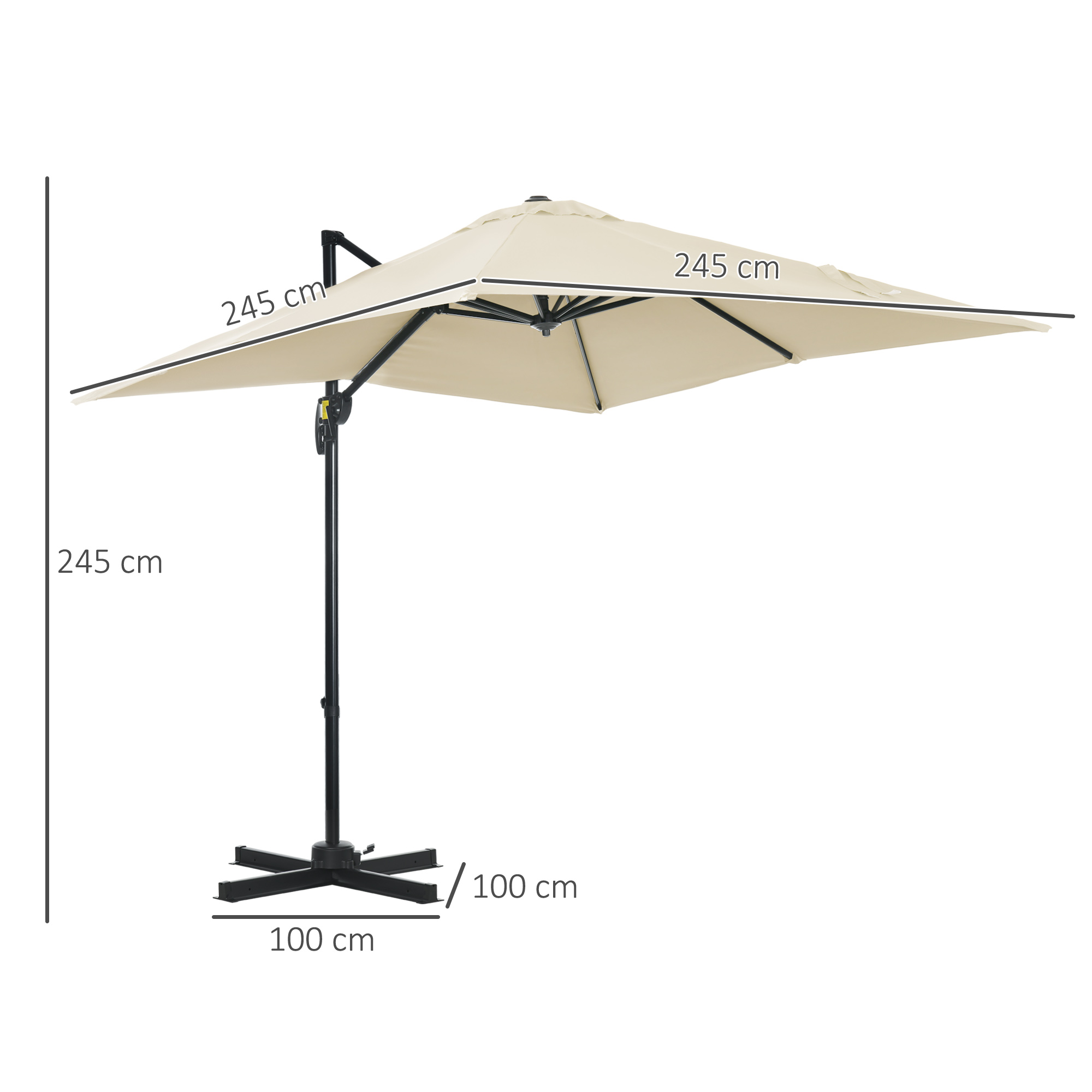 Un ombrellone a sbalzo beige con palo e base neri. Dimensioni indicate: 245cm e 100cm.