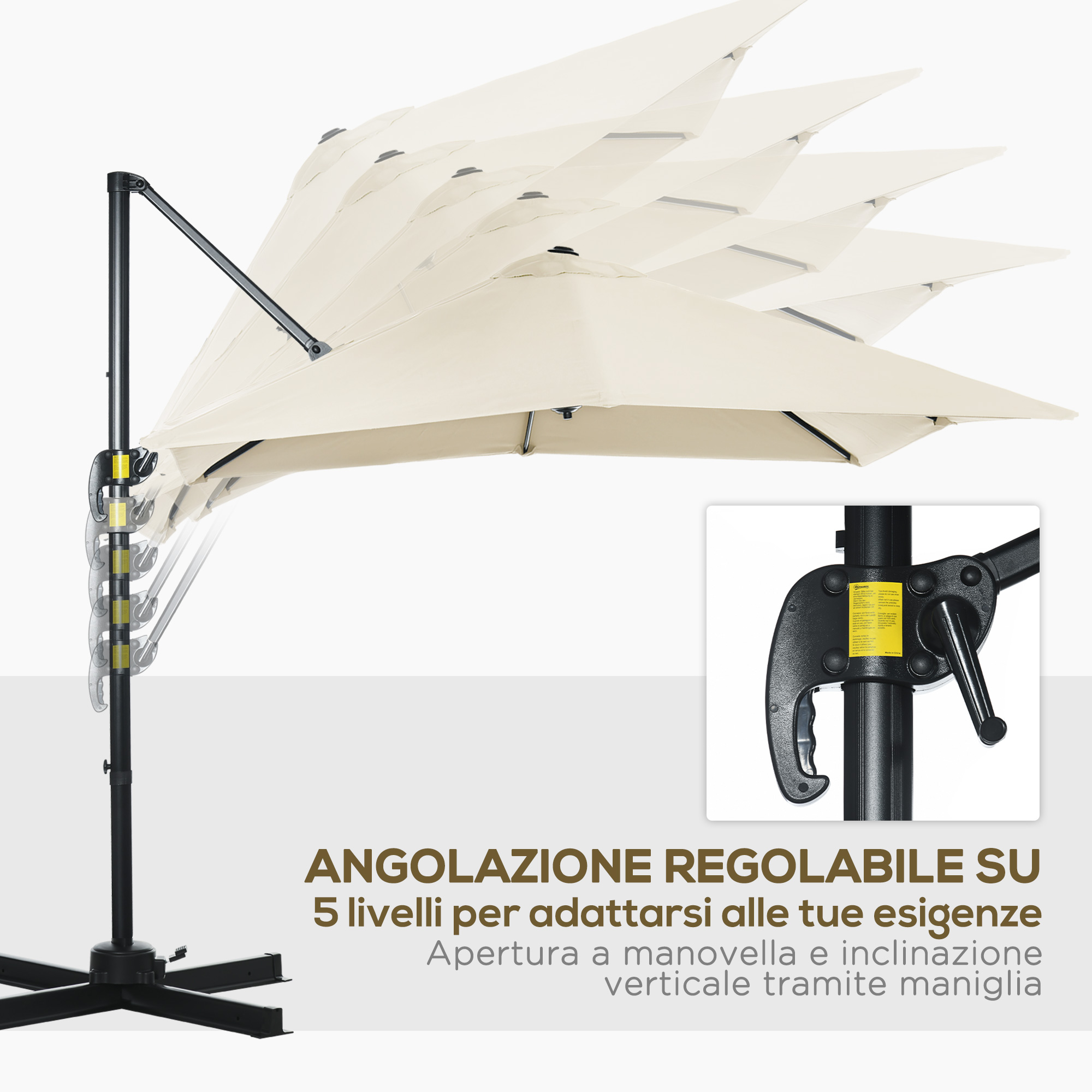 Un parasol beige con manico e base regolabili.