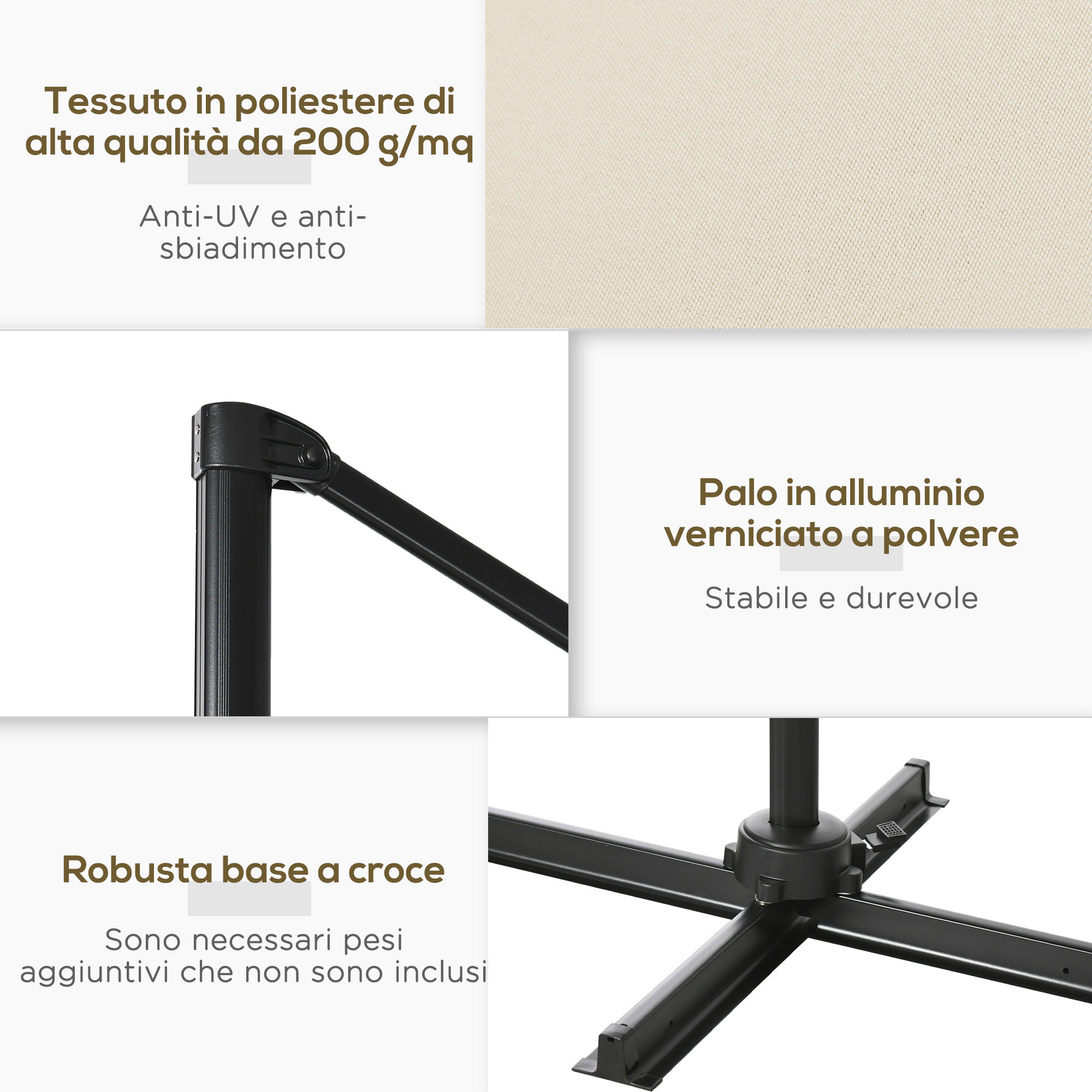 Tessuto poliestere alta qualità 200g/m², anti-UV e anti-sbiadimento. Palo alluminio verniciato. Robusta base a croce.