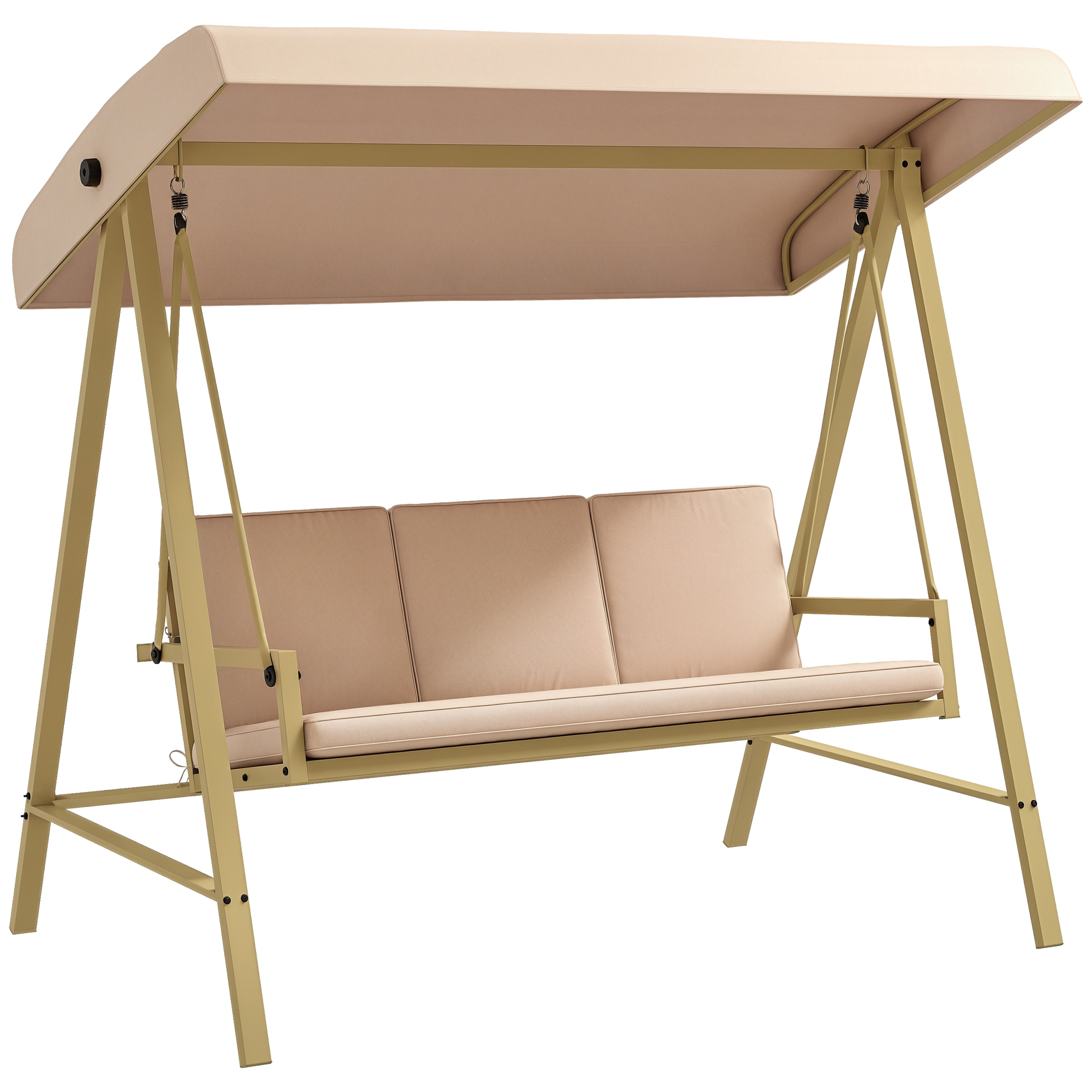 Un'altalena beige a 3 posti con baldacchino e telaio in metallo.