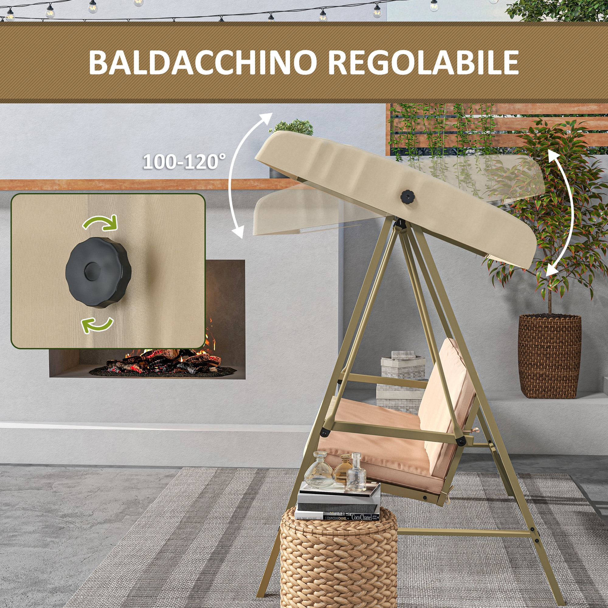 Altalena regolabile con tettuccio beige, cuscini e elementi decorativi.