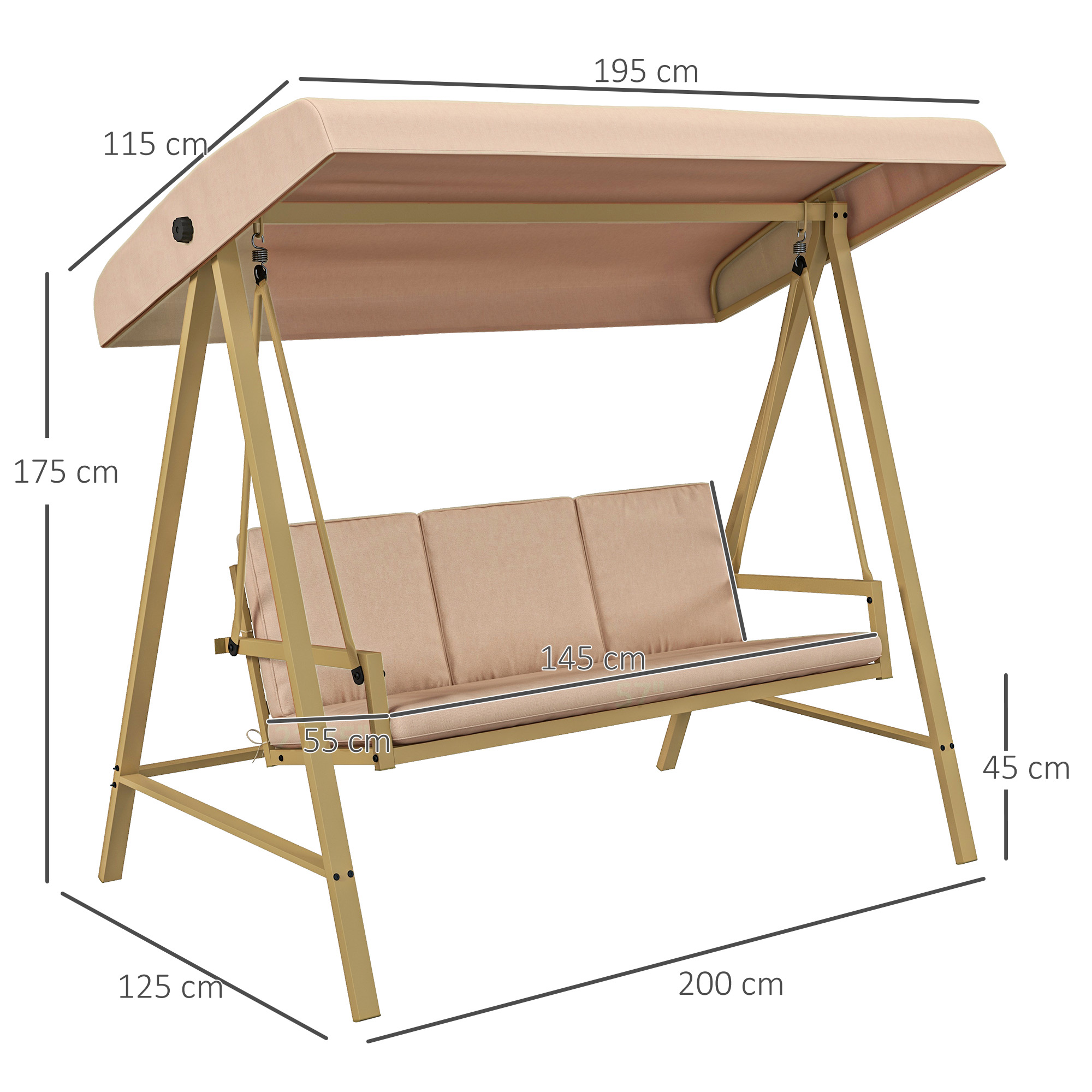 Un'altalena da giardino beige a tre posti con baldacchino, che mostra le dimensioni.