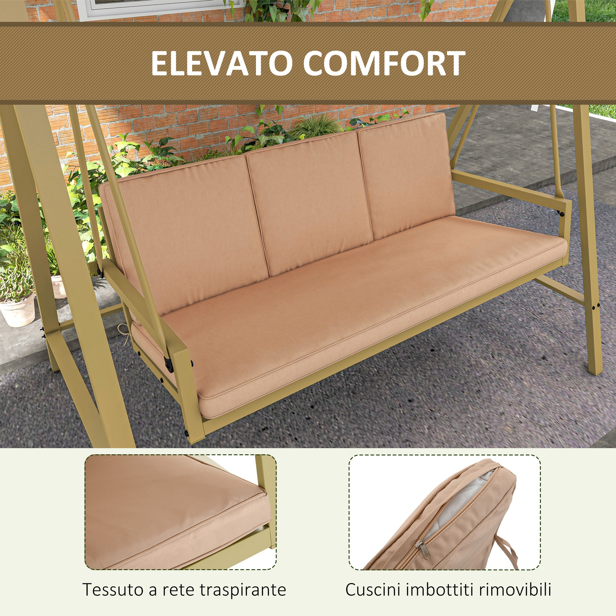 Un'altalena beige a 3 posti con telaio in metallo e cuscini. Dettagli del tessuto in primo piano.