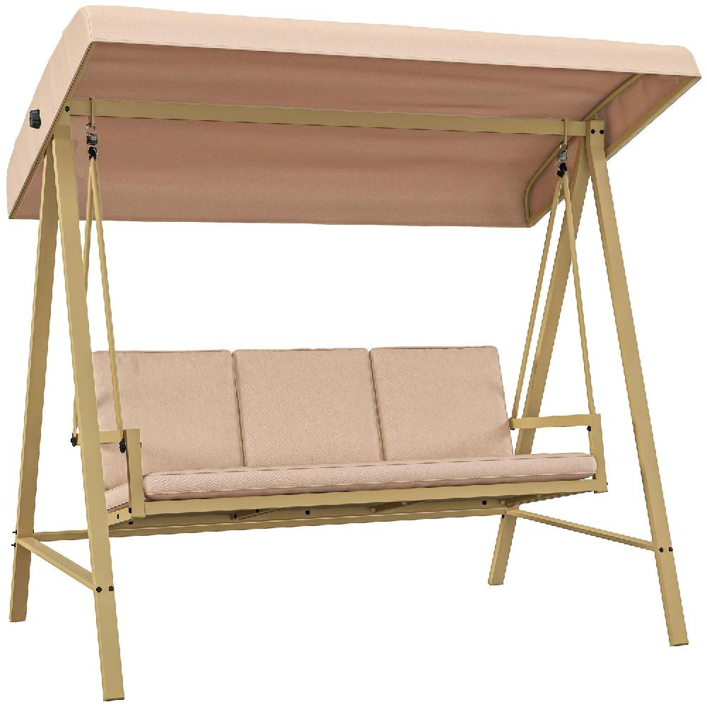 Un'altalena da esterno beige con baldacchino e cuscini. Sfondo bianco.