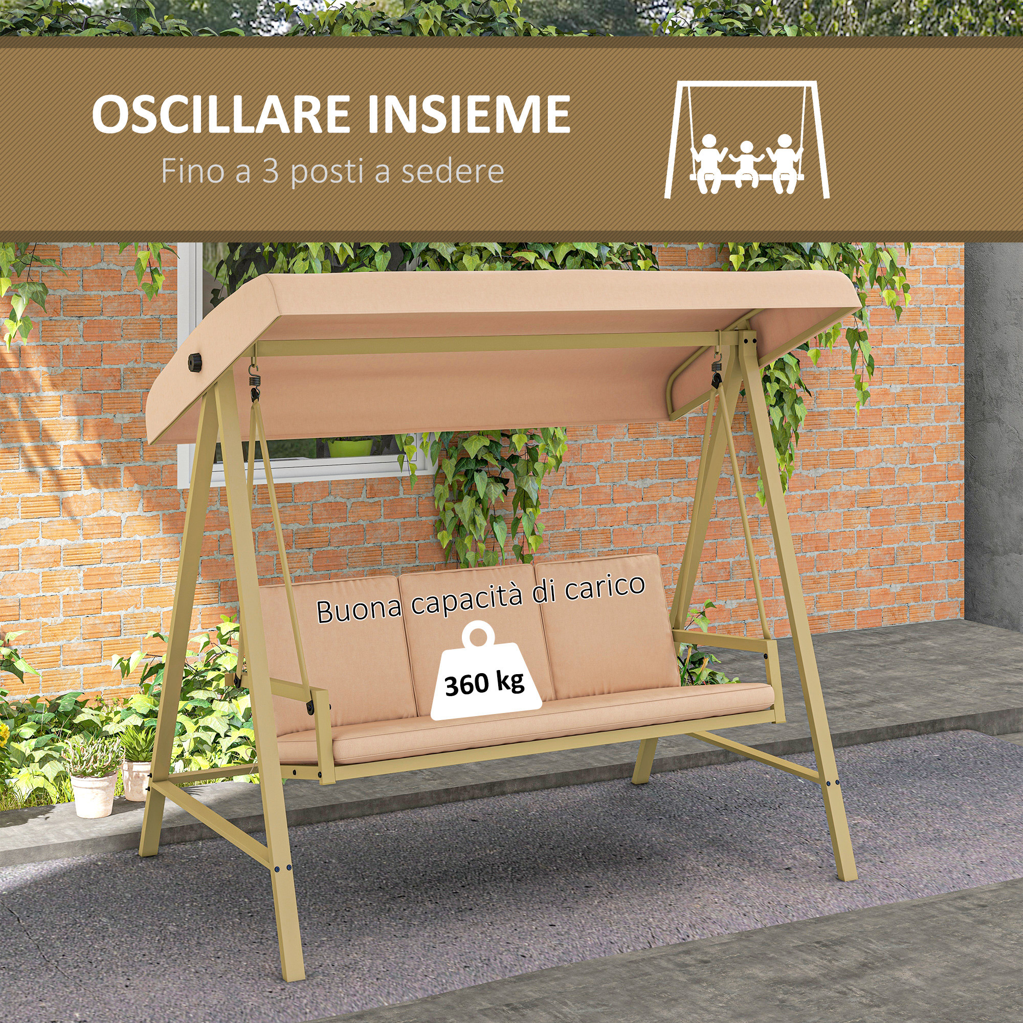 Una sedia a dondolo beige da 3 posti davanti a un muro di mattoni e piante. Carico max 360 kg.