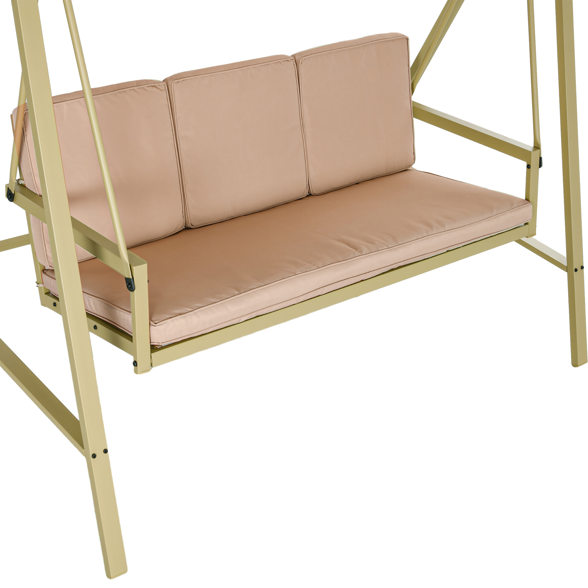 Un sedile per altalena beige con telaio in metallo dorato, isolato su sfondo bianco.