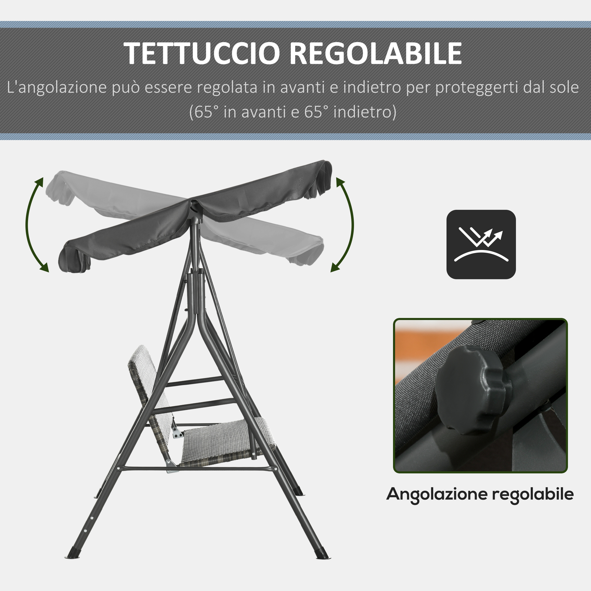 Tettuccio regolabile su un'altalena, con frecce che indicano il movimento.