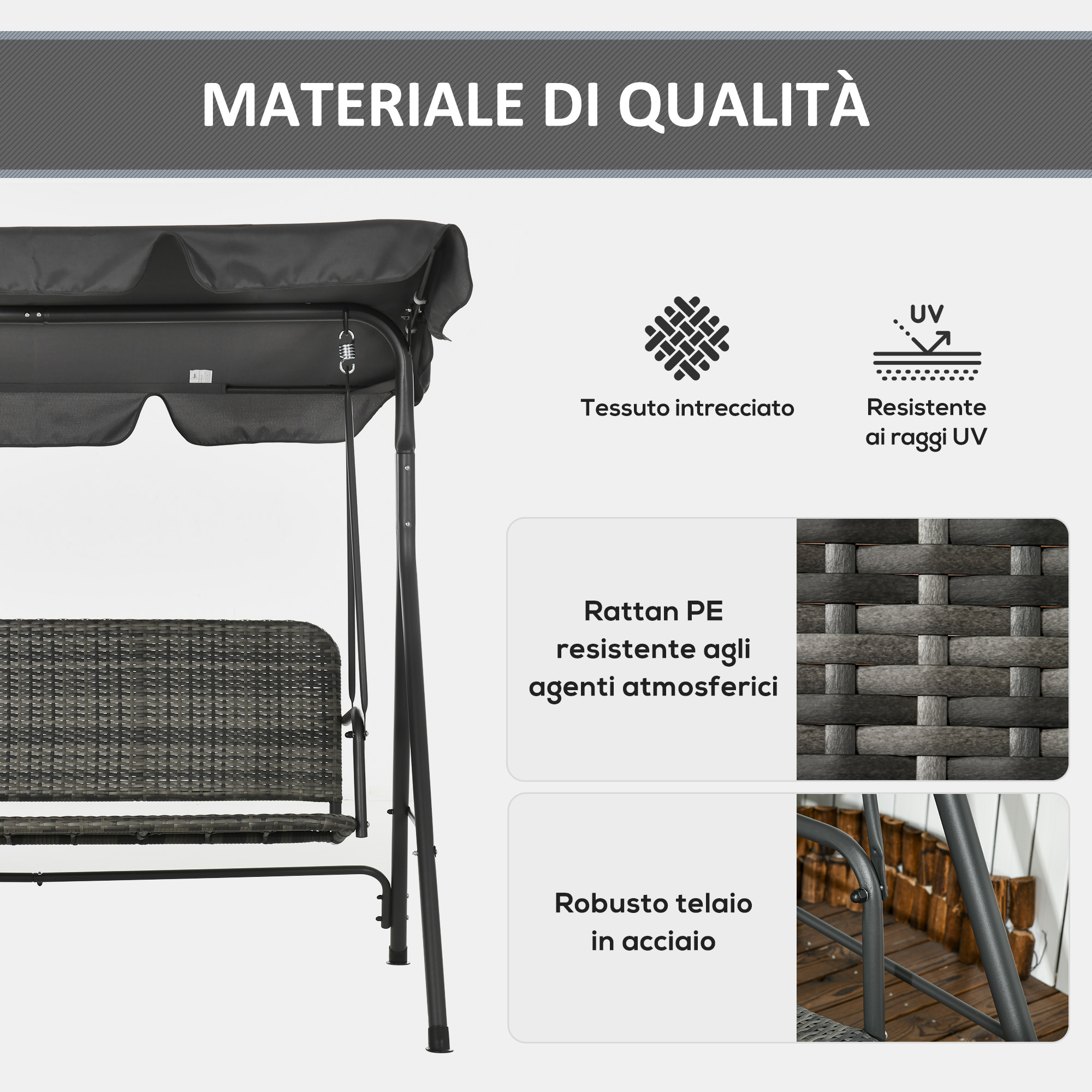 Un'altalena nera con seduta in rattan PE e capote resistente ai raggi UV.
