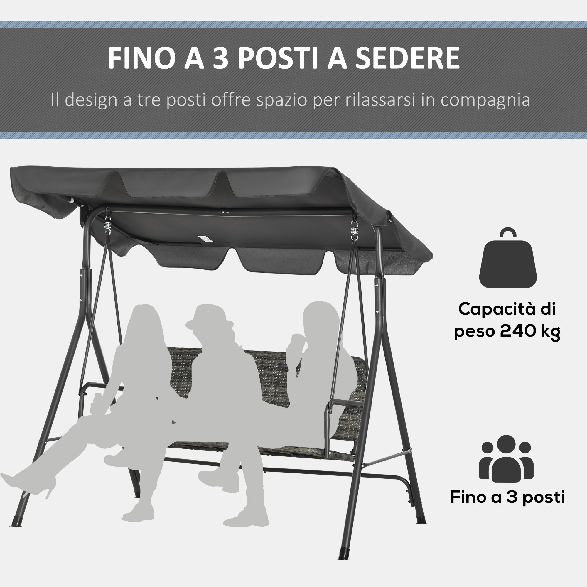 Una altalena grigia a 3 posti con silhouette di 3 persone e dettagli testo.