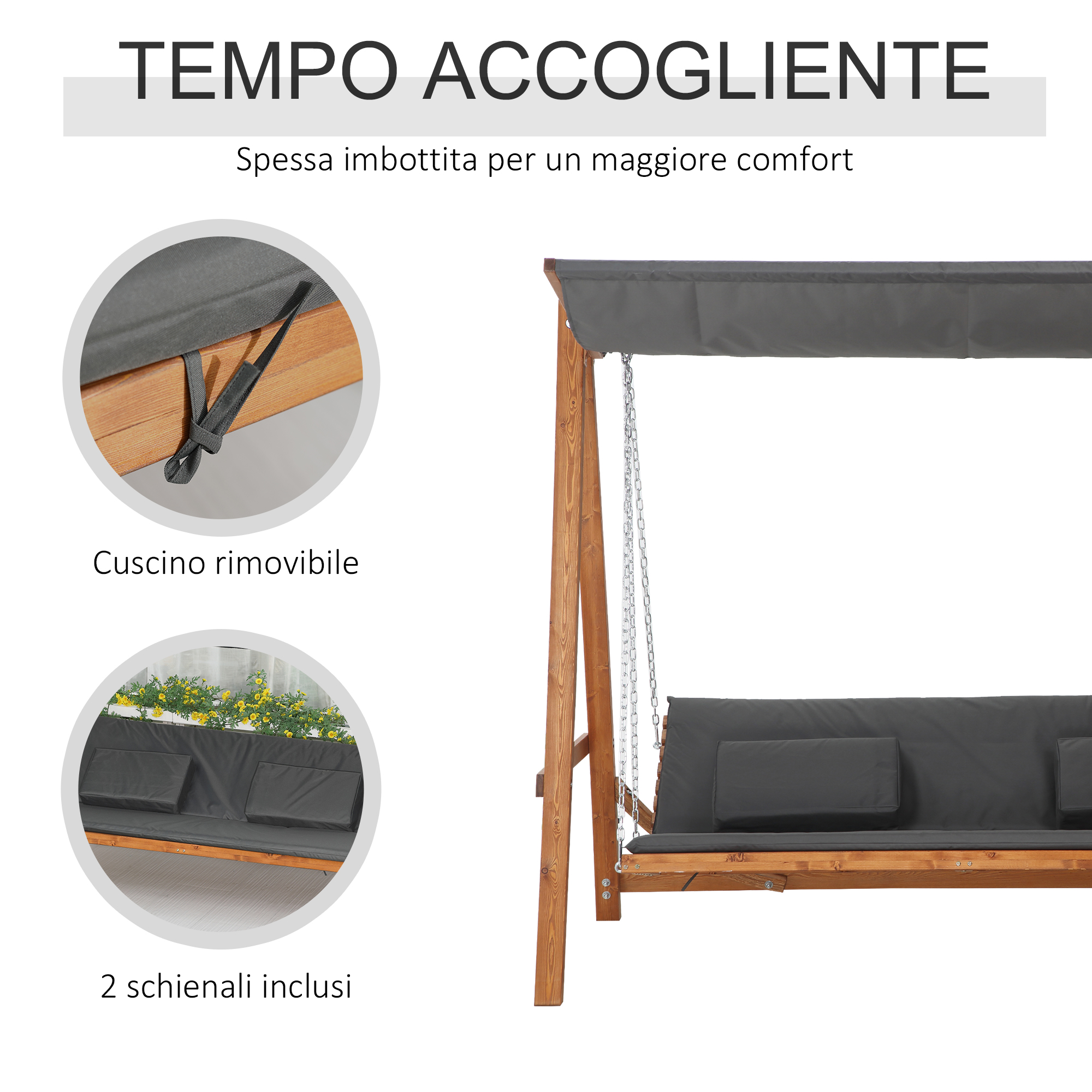 Altalena in legno con cuscini scuri e bordi, due piccoli cuscini.