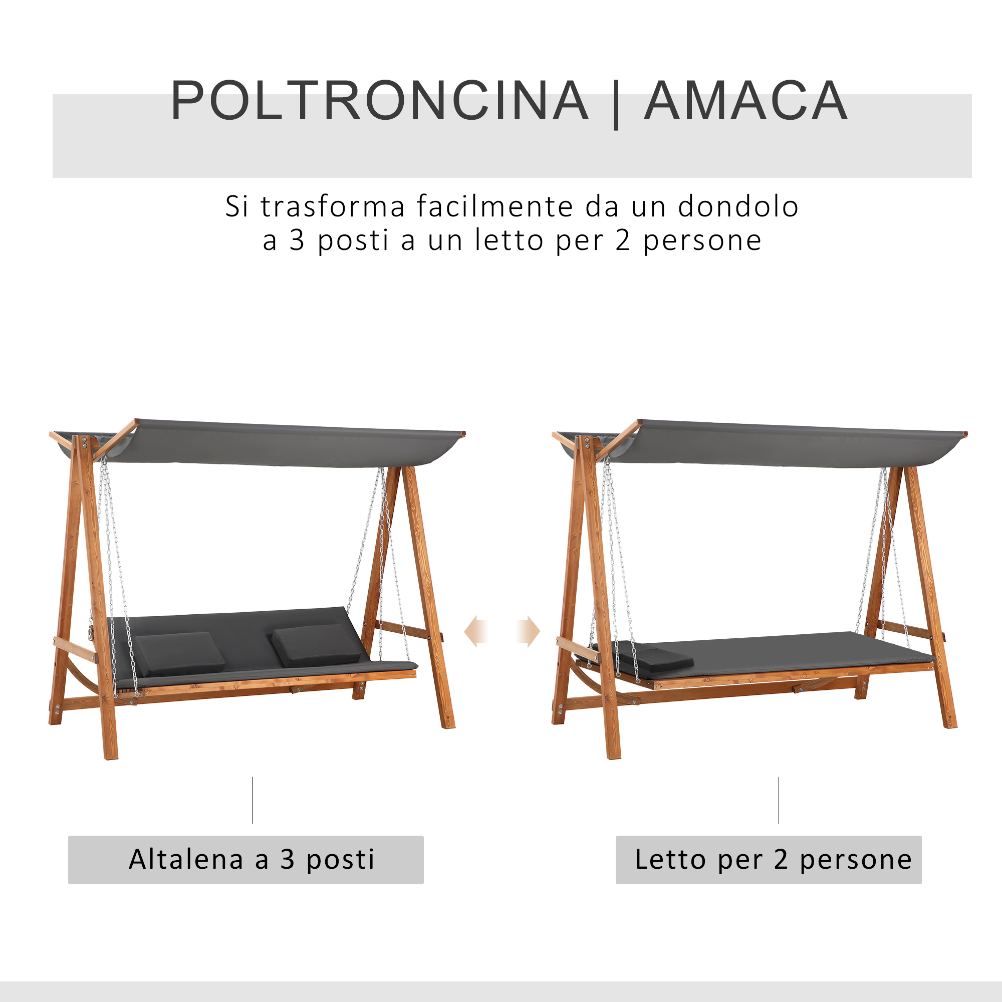 Altalena in legno con tettuccio grigio si trasforma da 3 posti a letto.