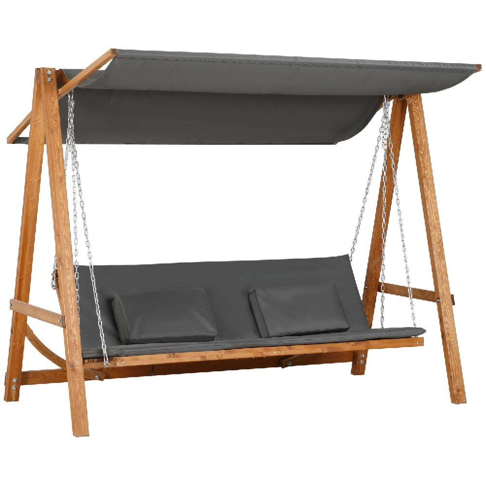 Sedile altalena in legno con baldacchino grigio e cuscini, sospeso da catene.