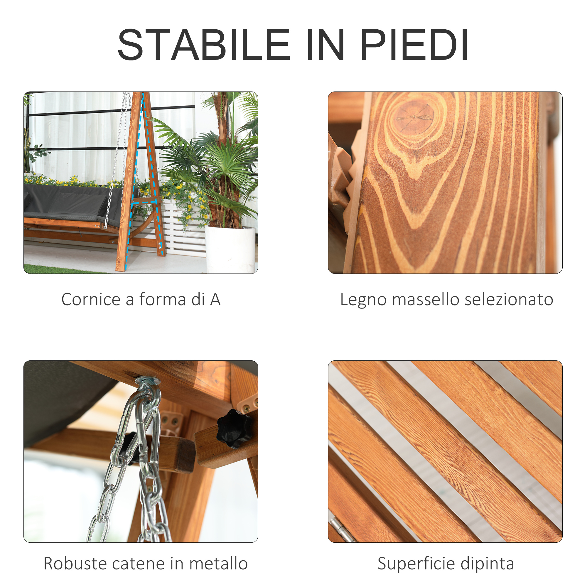 Una sedia a dondolo con telaio in legno, catene metalliche e piante.